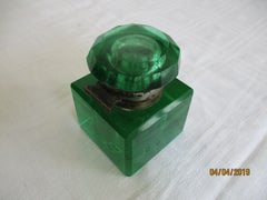 Antique Green Cut Uranium Glass Inkwell