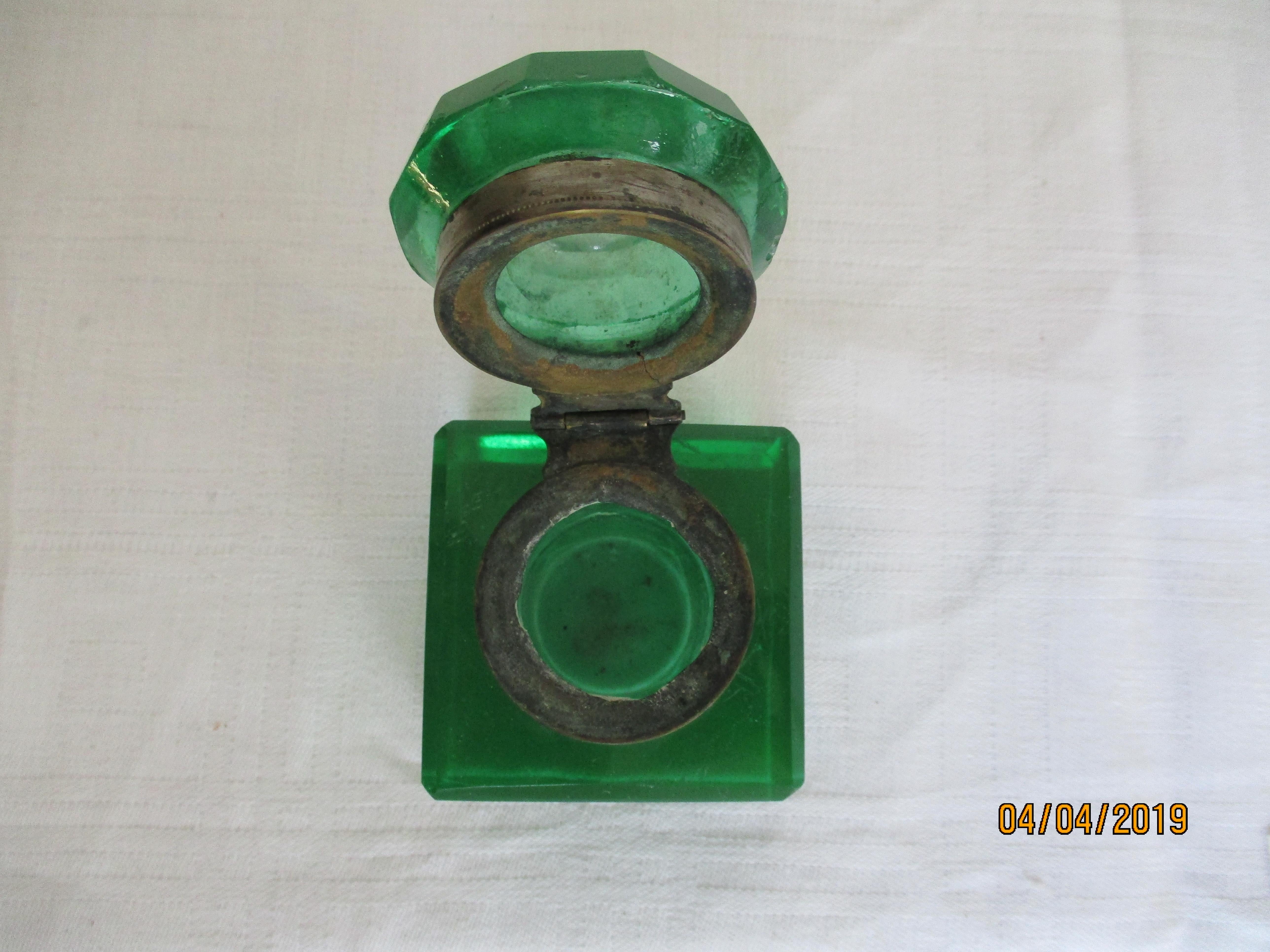 European Antique Green Cut Uranium Glass Inkwell For Sale