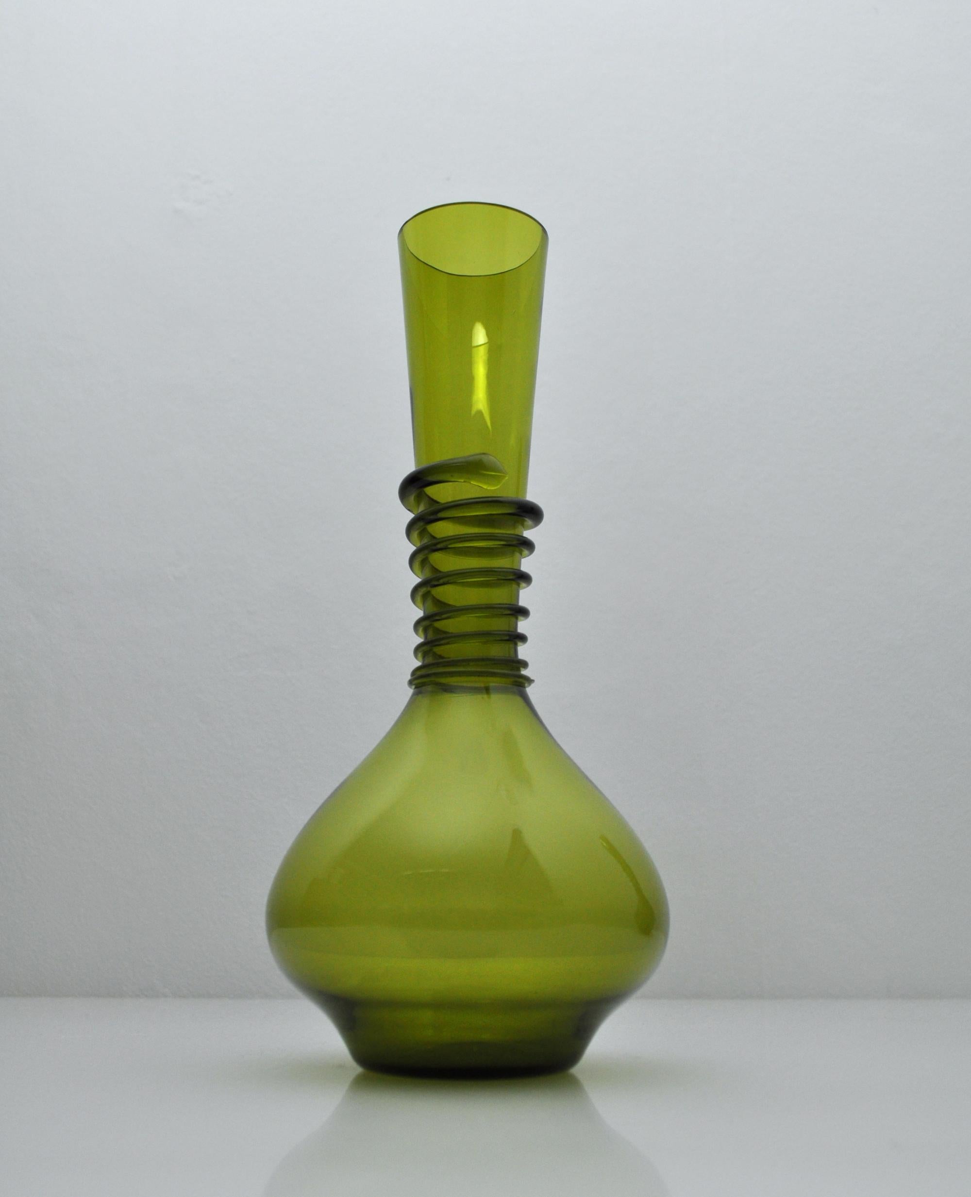 Antique Green Decanter or Vase with Attached Glass Wire, Holmegaard, Denmark For Sale 3
