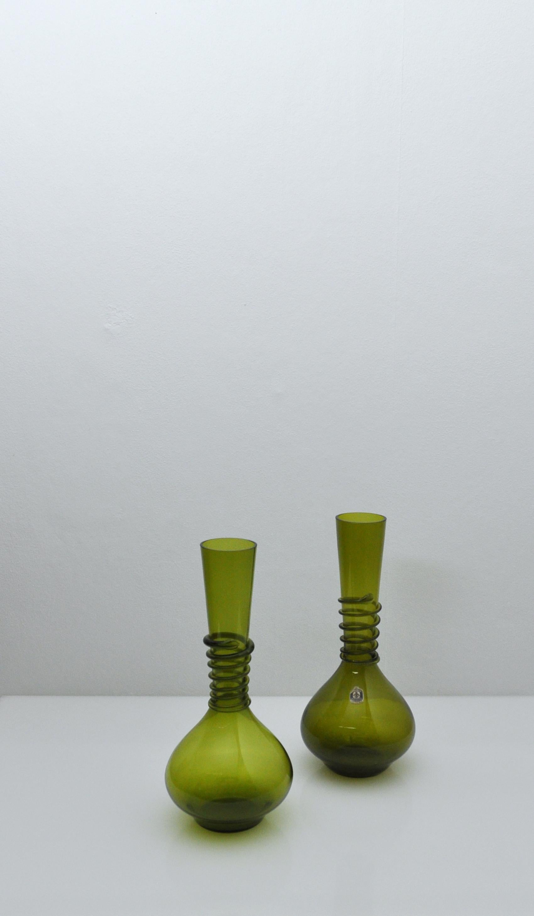 Art Glass antique green decanter or vase, conical neck with attached glass wire from the series 