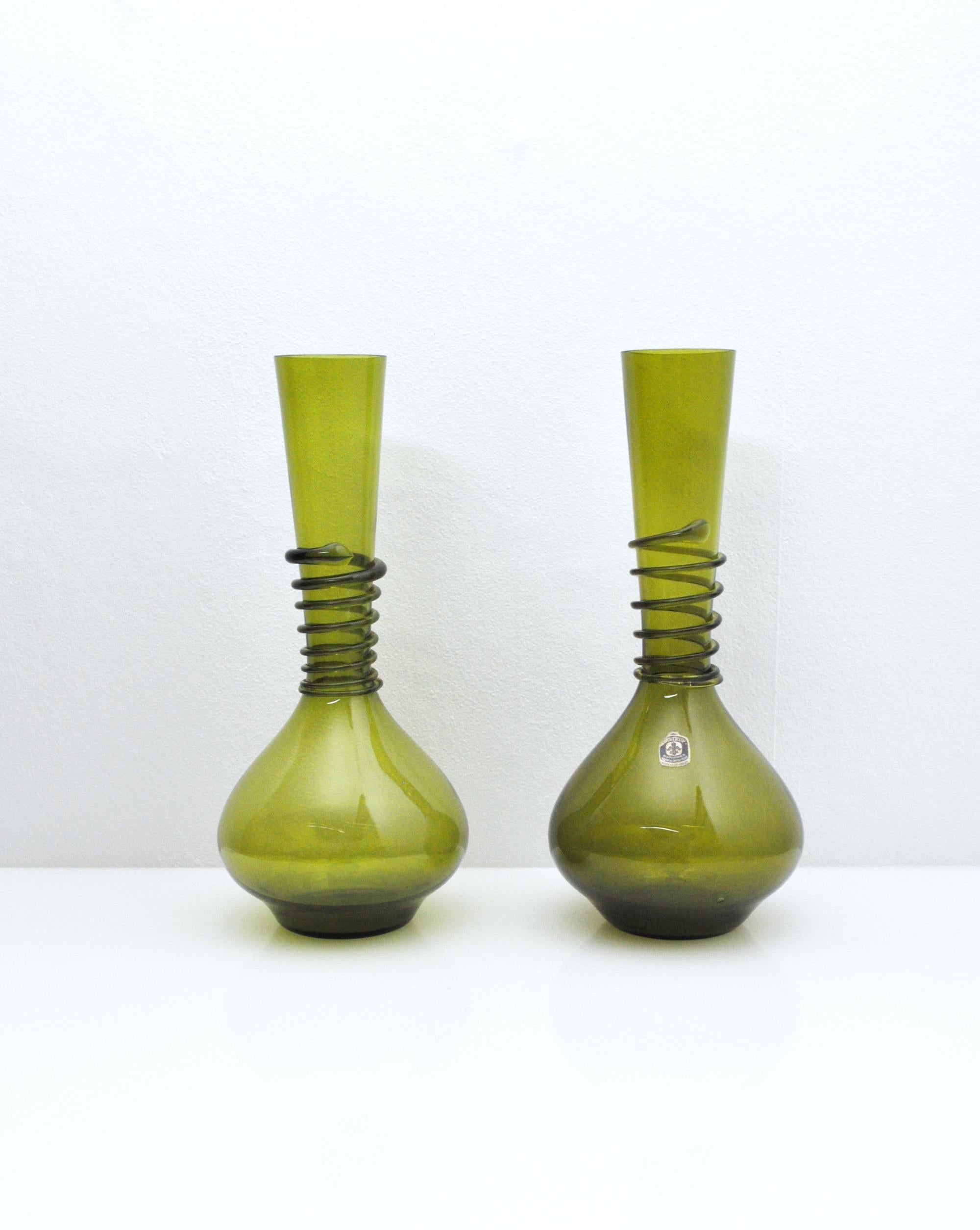 Scandinavian Modern Antique Green Decanter or Vase with Attached Glass Wire, Holmegaard, Denmark For Sale