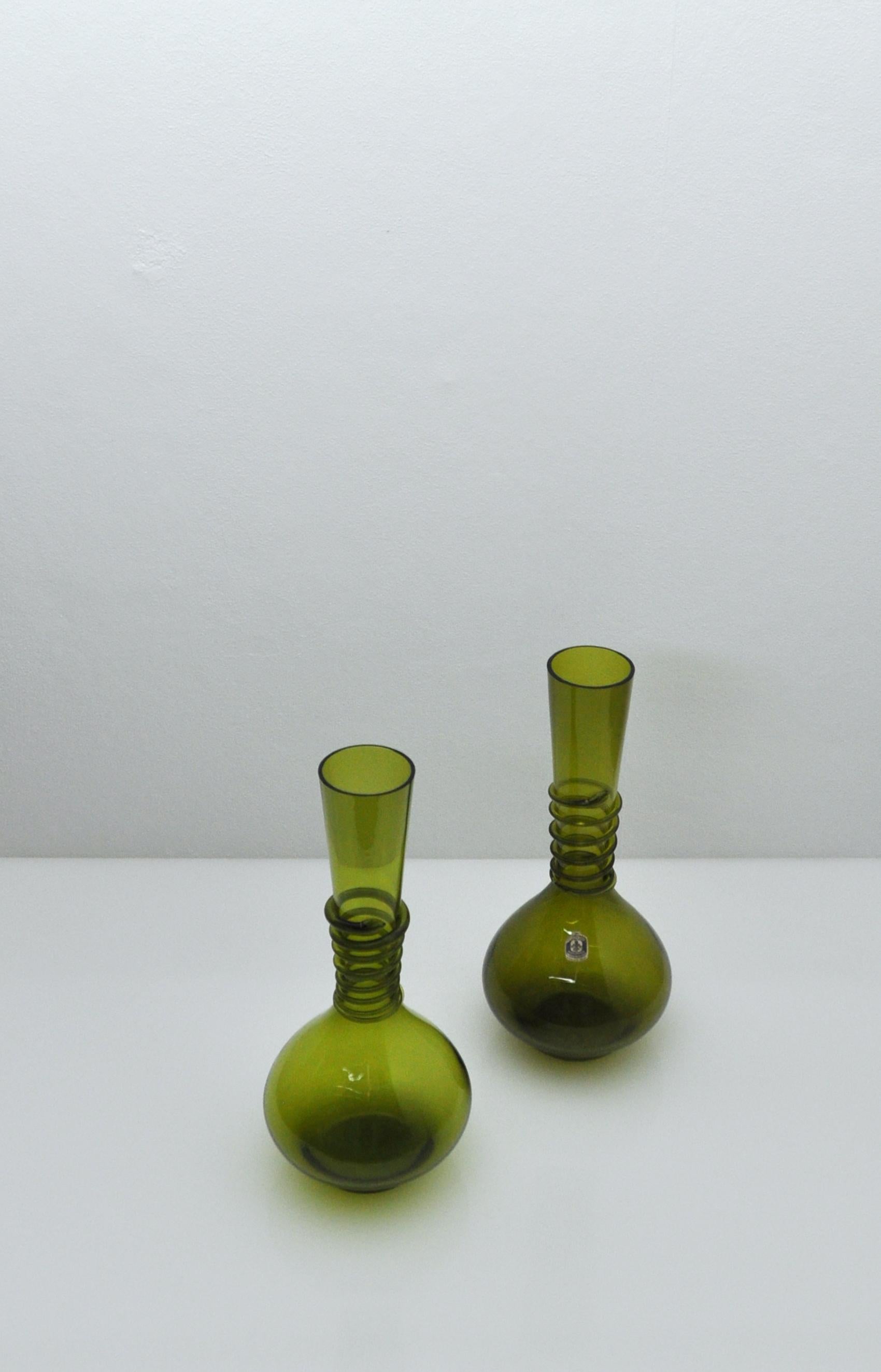 Danish Antique Green Decanter or Vase with Attached Glass Wire, Holmegaard, Denmark For Sale