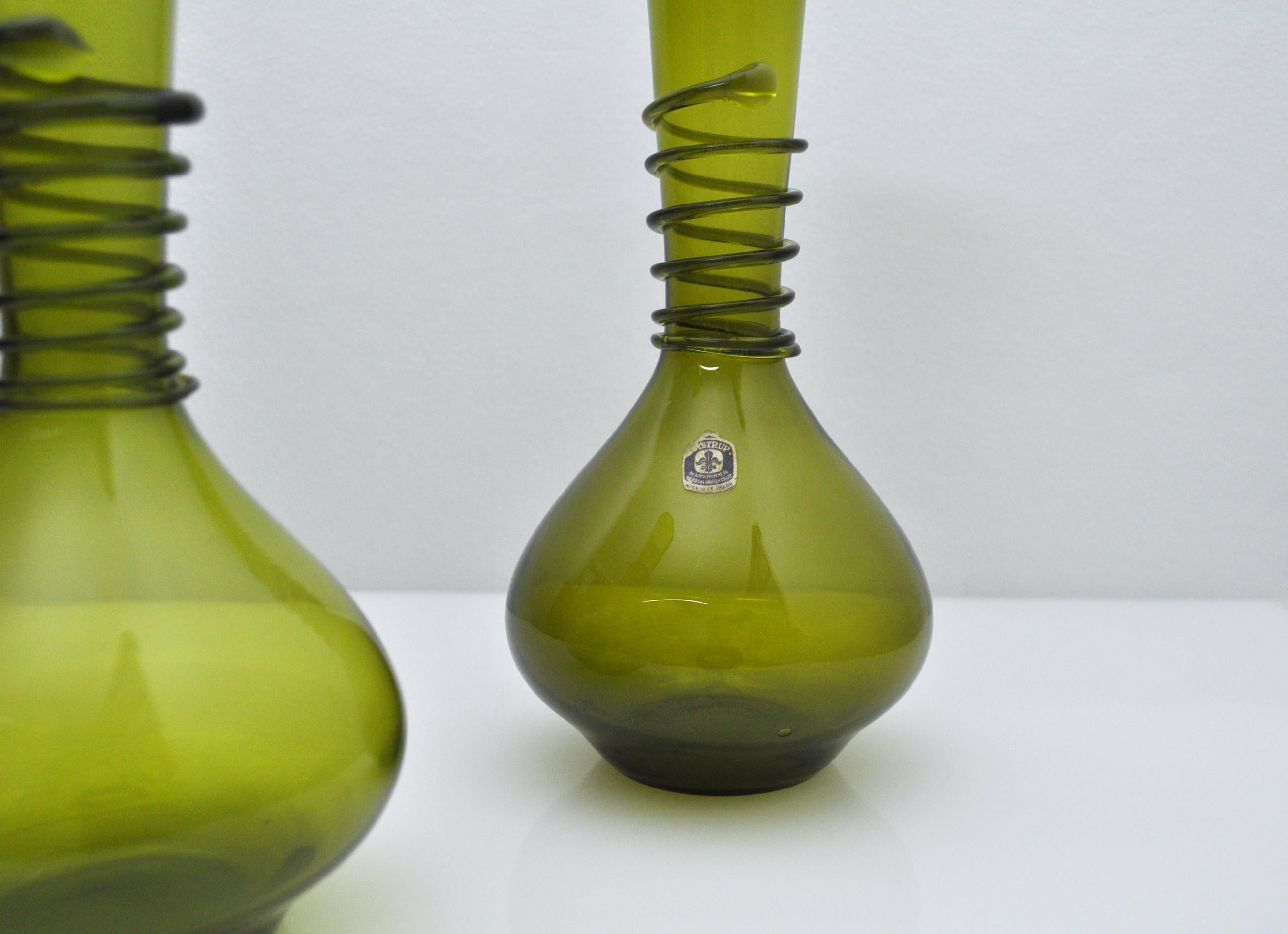 Hand-Crafted Antique Green Decanter or Vase with Attached Glass Wire, Holmegaard, Denmark For Sale