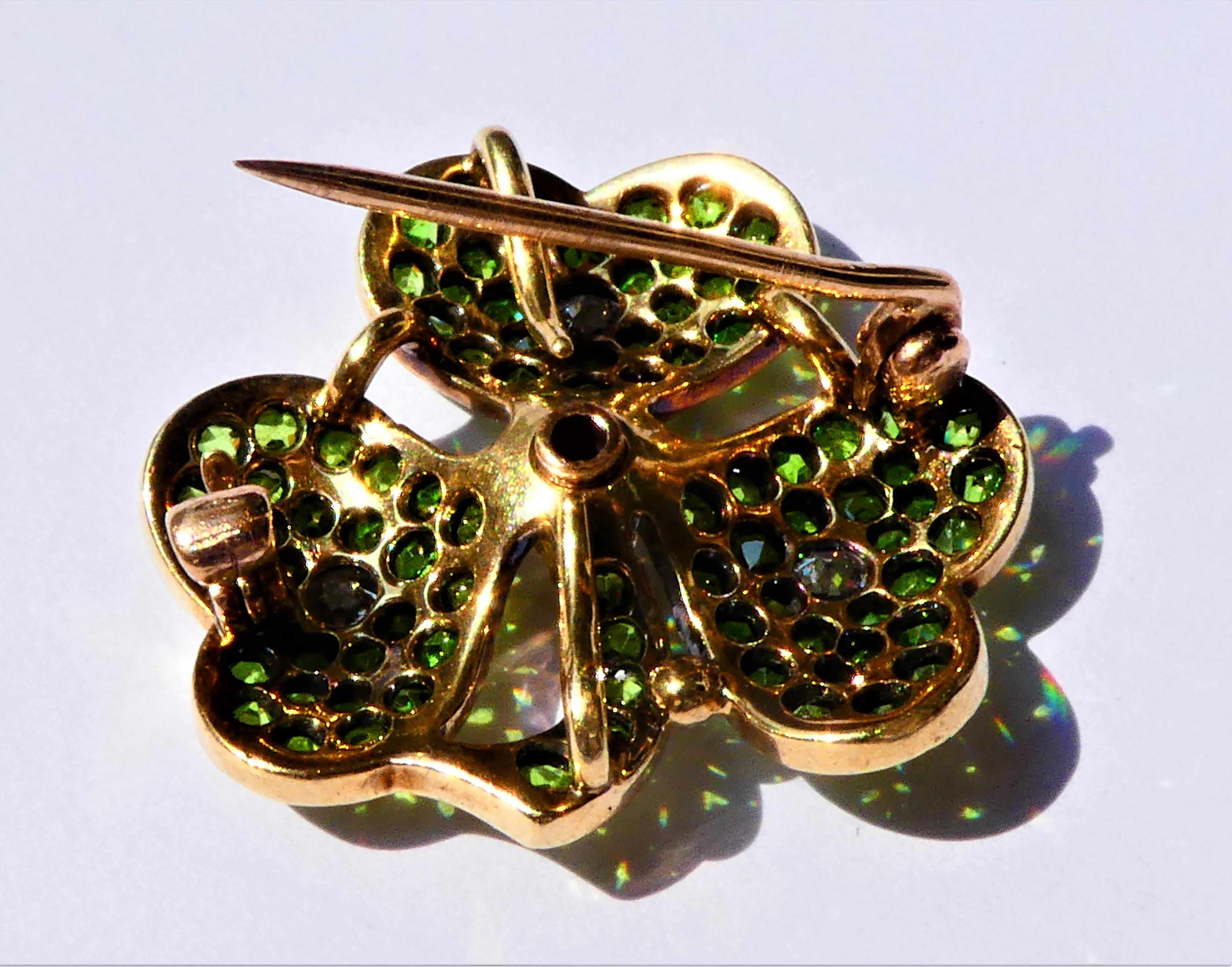 Art Nouveau Antique Green Demantoid Garnets and Diamonds 14 Karat Gold Cloverleaf Brooch