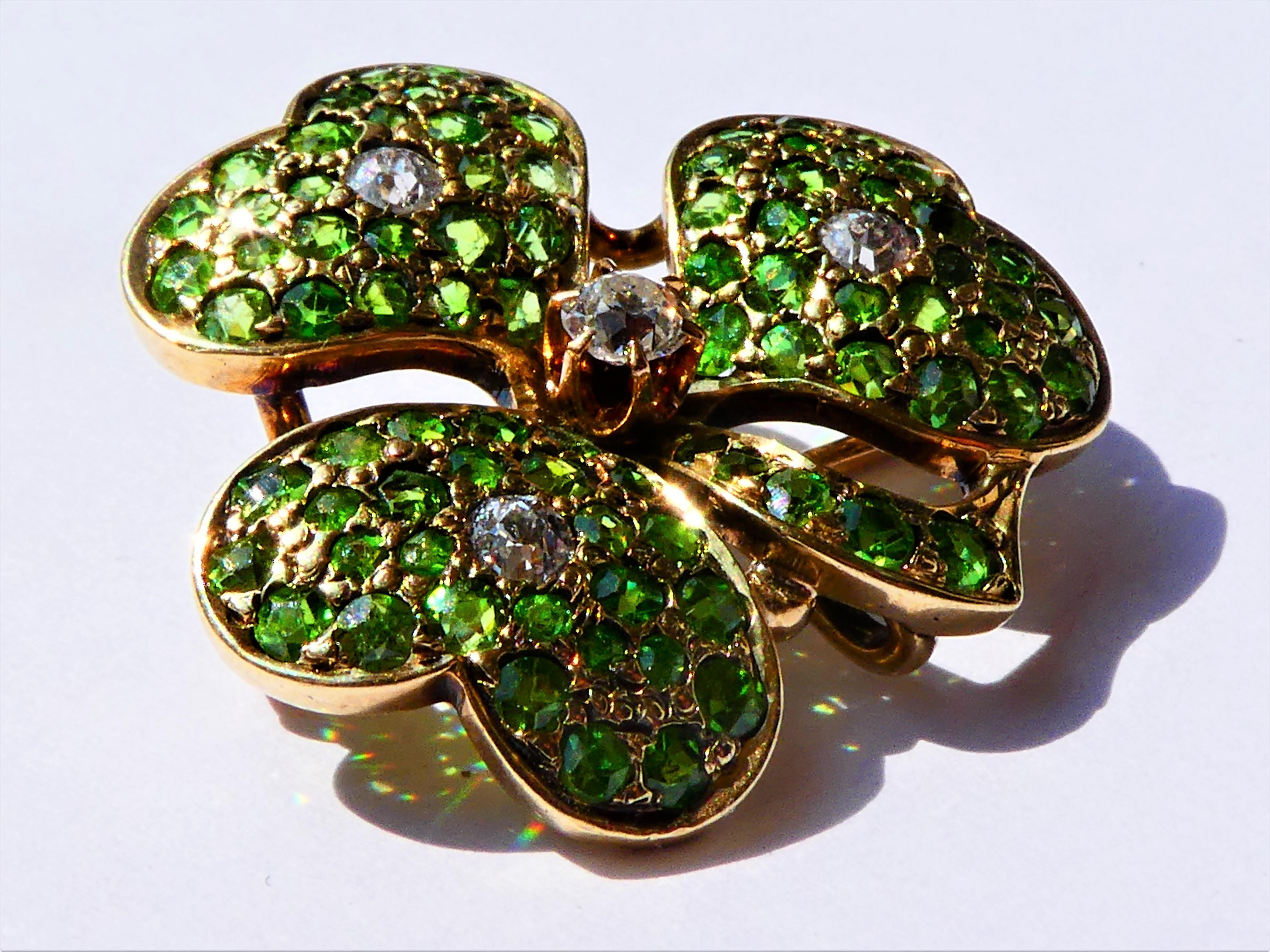 Old Mine Cut Antique Green Demantoid Garnets and Diamonds 14 Karat Gold Cloverleaf Brooch