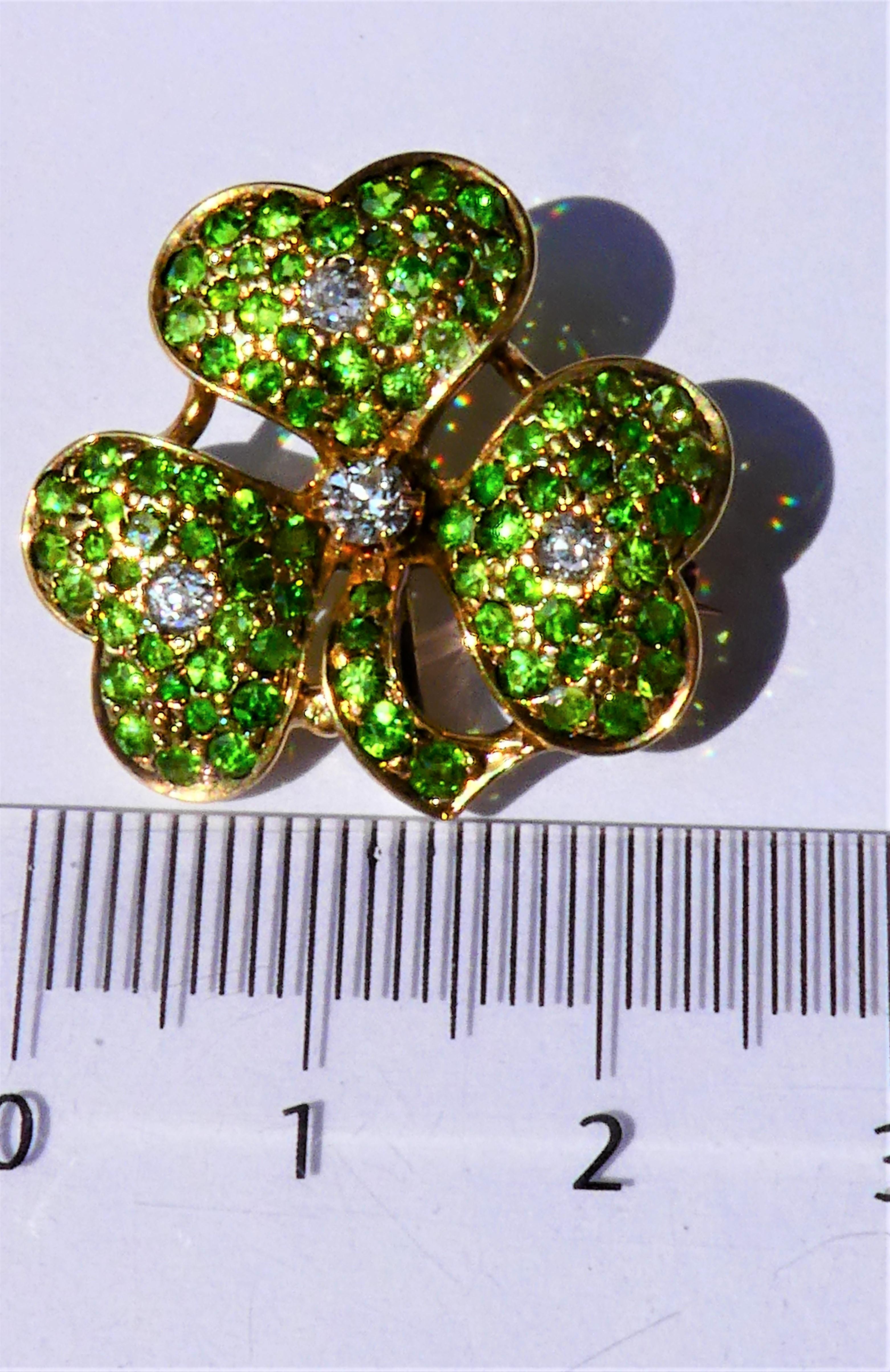 Women's Antique Green Demantoid Garnets and Diamonds 14 Karat Gold Cloverleaf Brooch