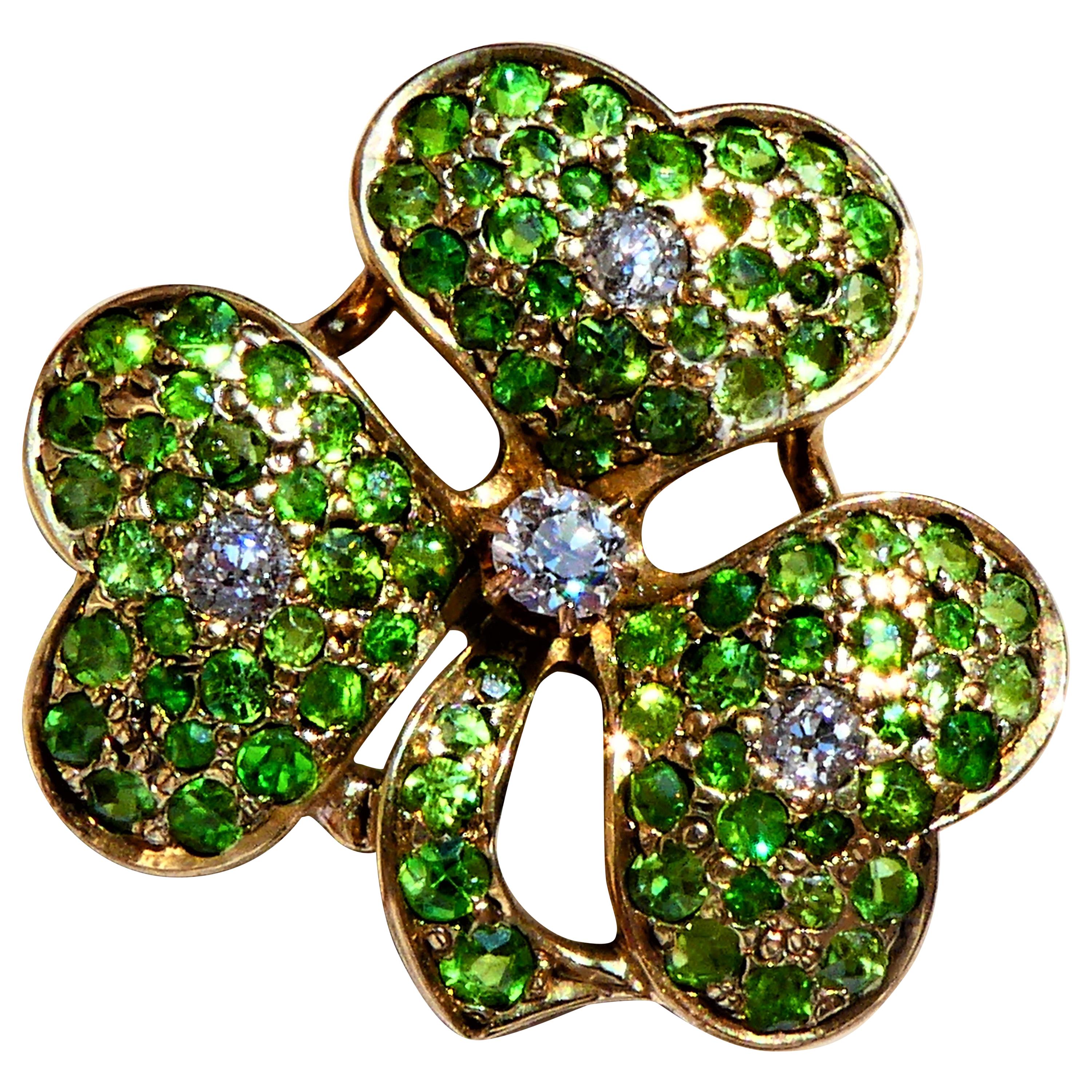 Antique Green Demantoid Garnets and Diamonds 14 Karat Gold Cloverleaf Brooch