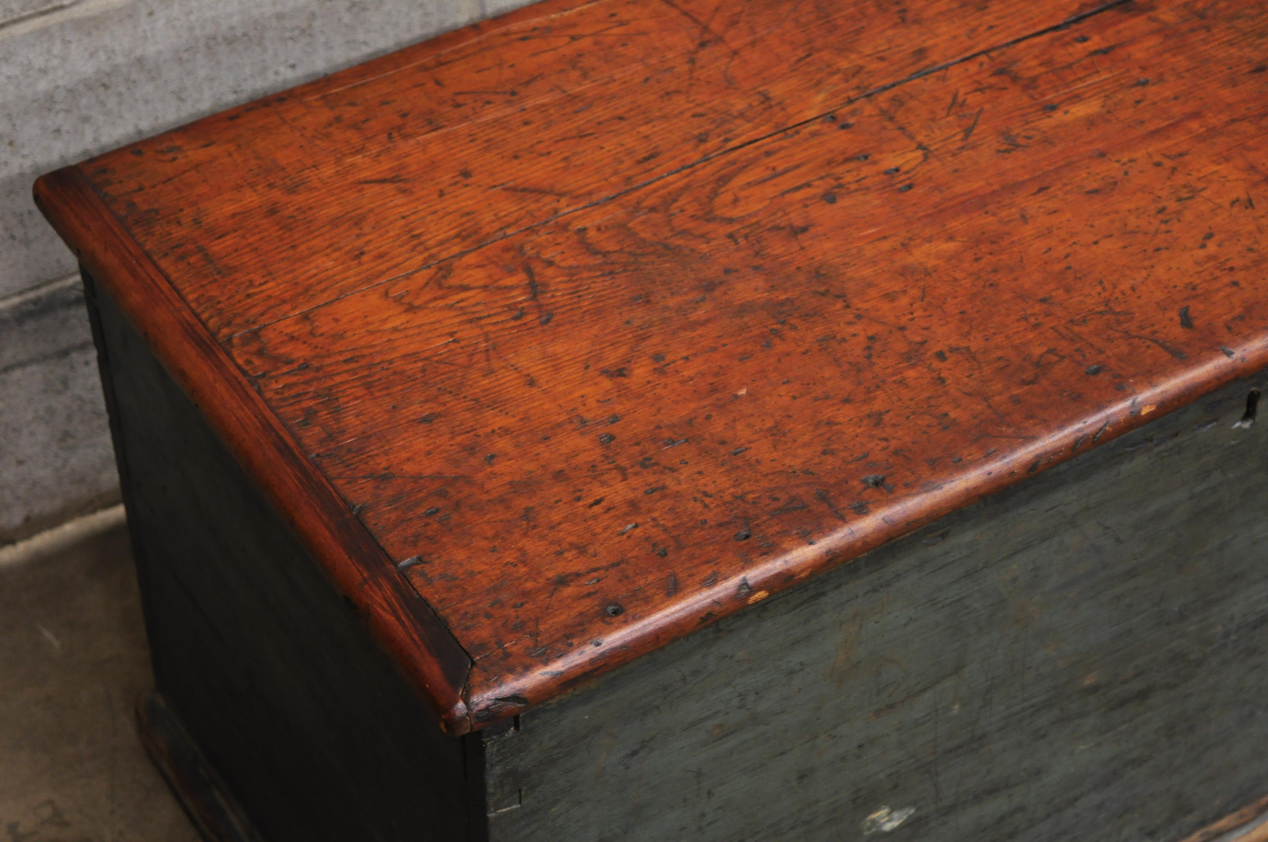 19th Century Antique Green Distressed Painted Blanket Chest Trunk with Dovetail Construction