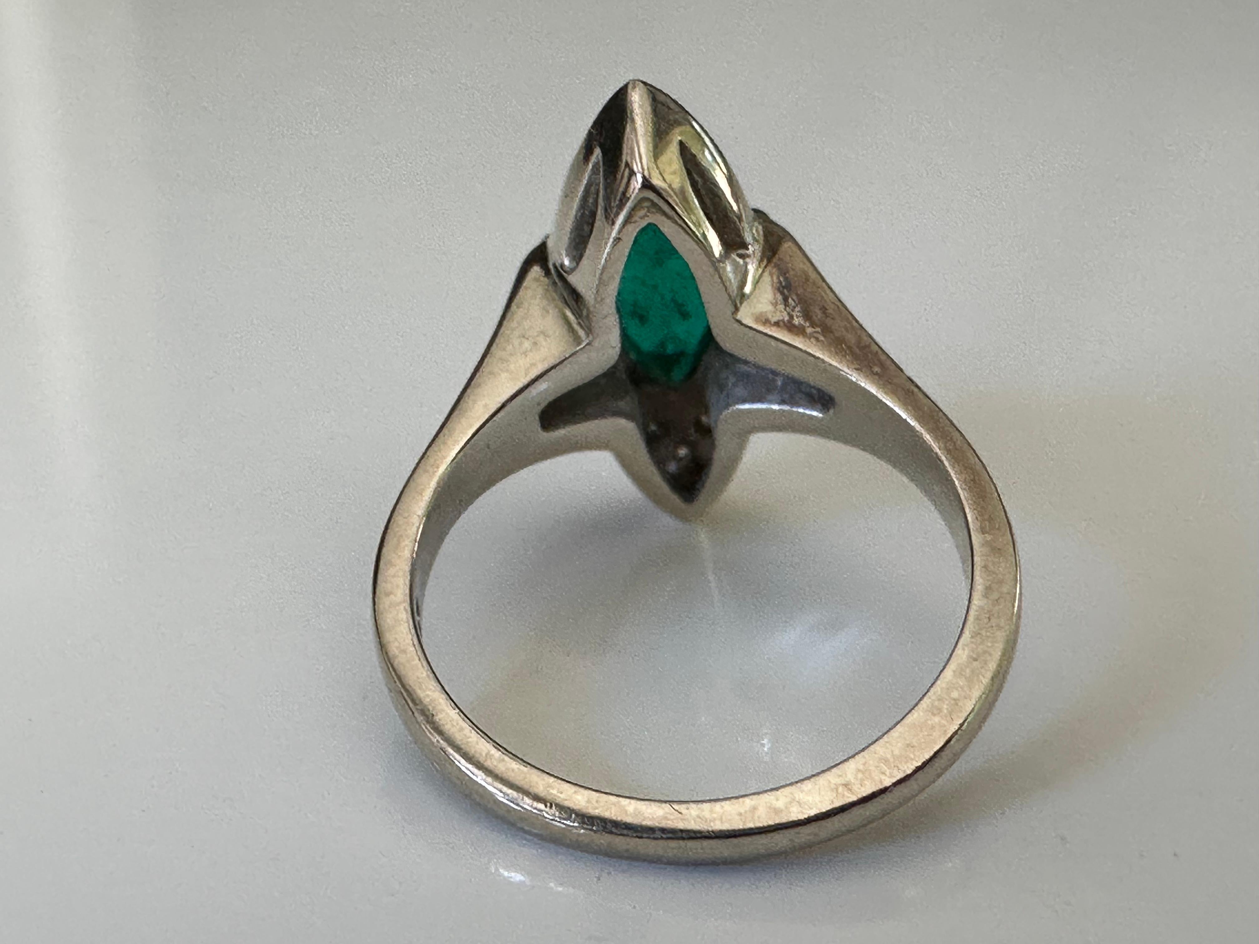 Retro Antique Green Emerald and Diamond Navette Dinner Ring  For Sale