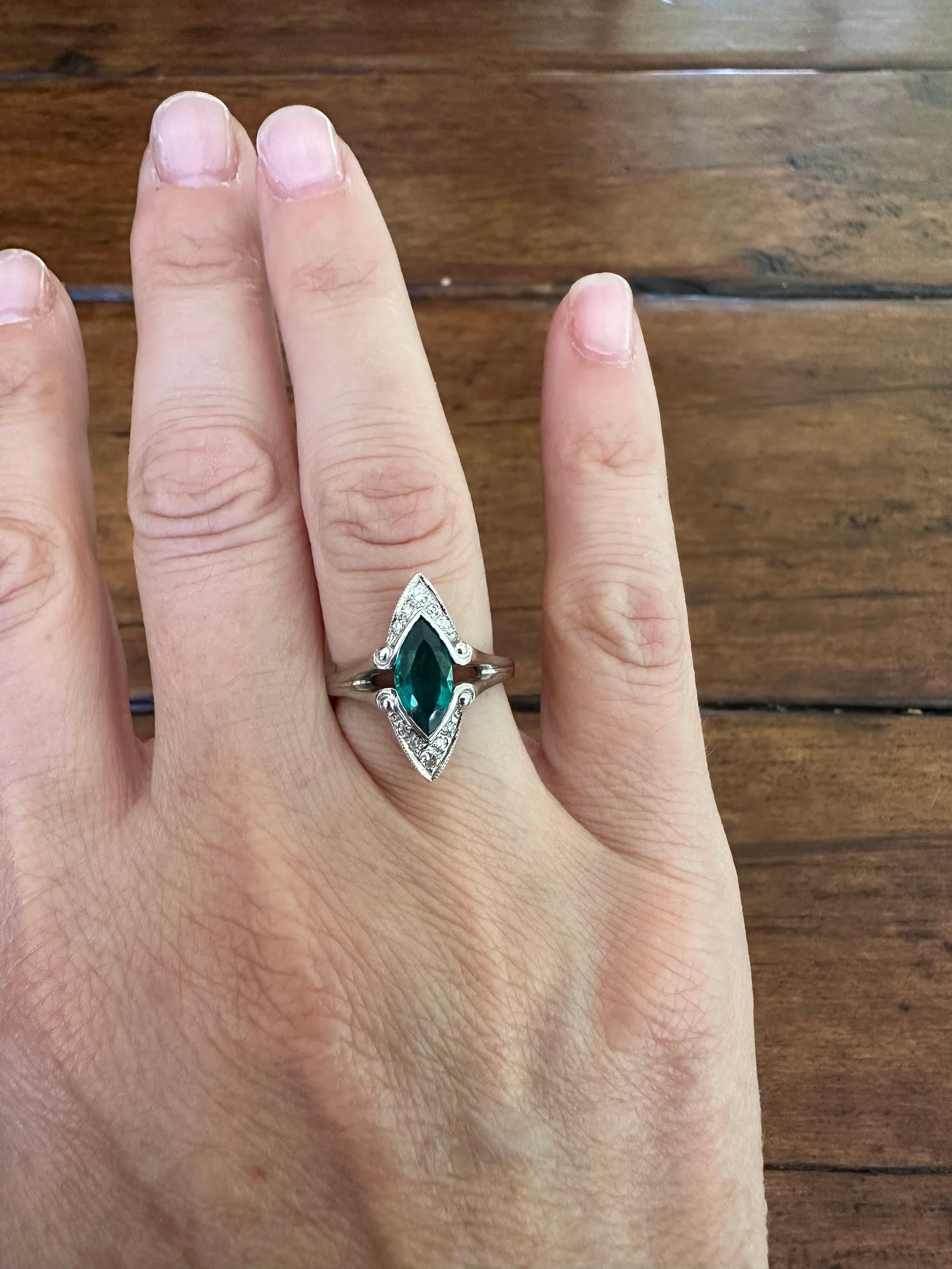 Women's Antique Green Emerald and Diamond Navette Dinner Ring For Sale