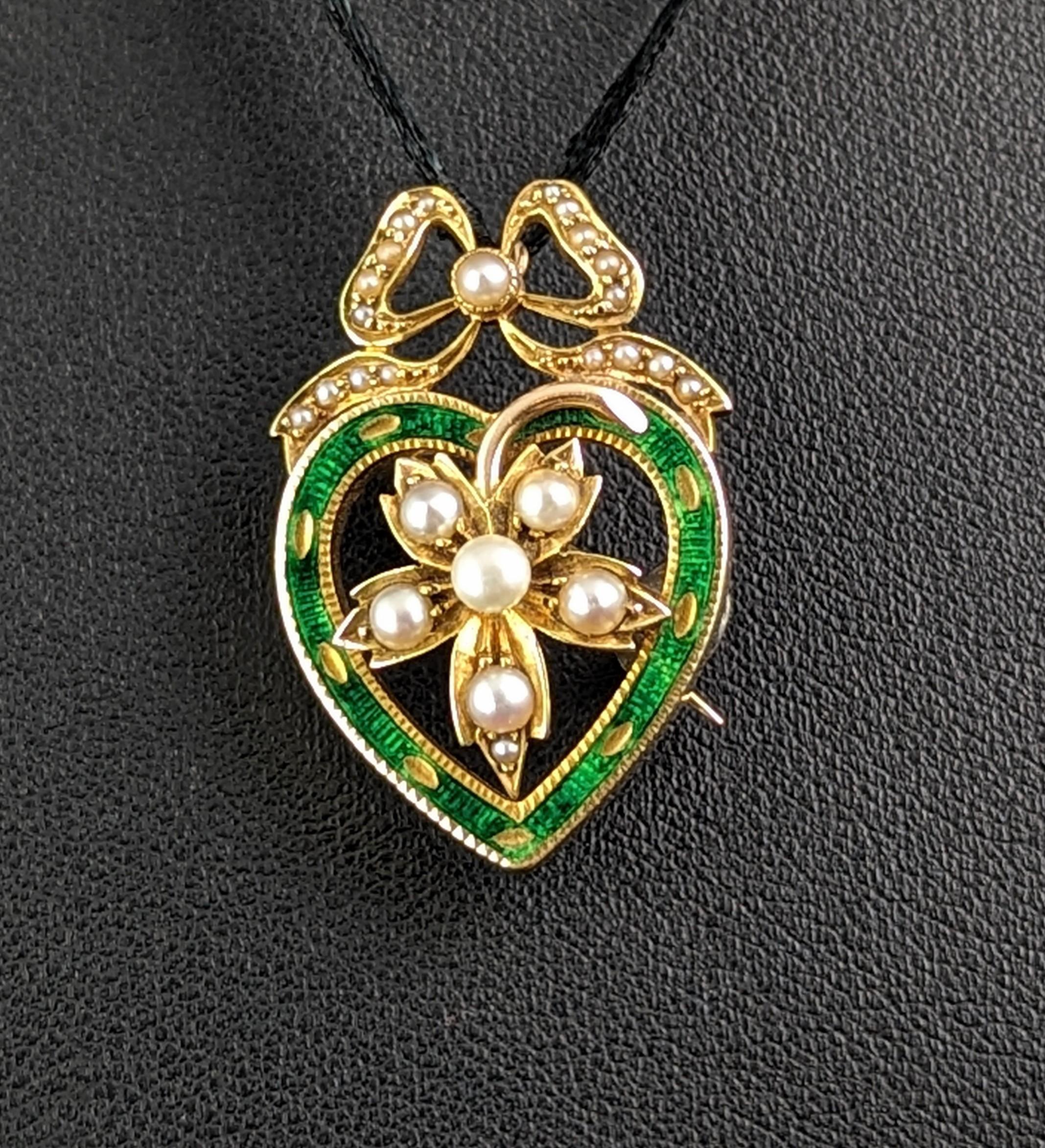 Victorian Antique Green Enamel and Pearl Heart pendant brooch, 9k yellow gold  For Sale