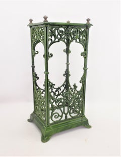Antique Green Enameled Cast Iron Cane or Umbrella Stand with Brass Accents