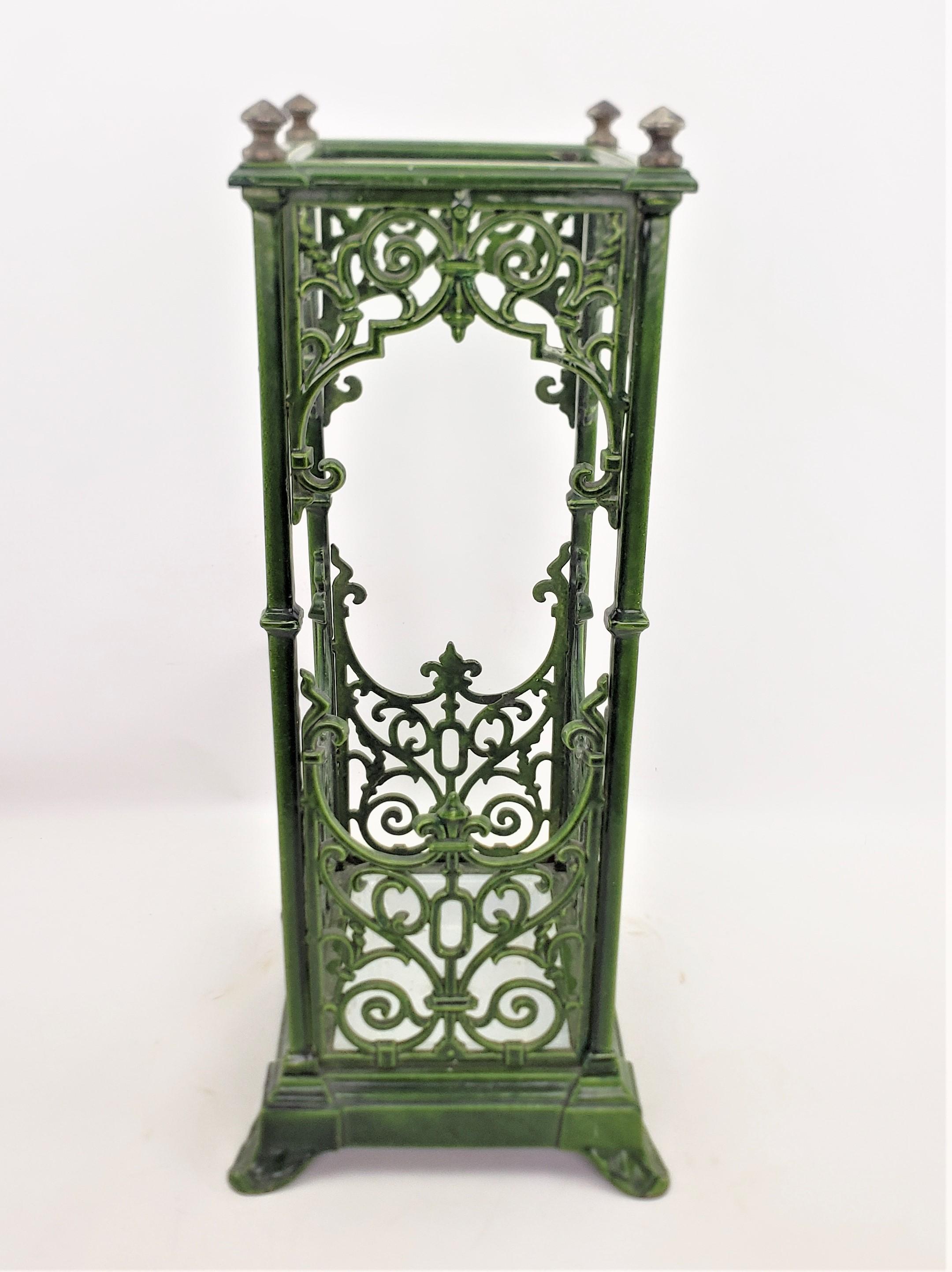 Edwardian Antique Green Enameled Cast Iron Cane or Umbrella Stand with Brass Accents For Sale