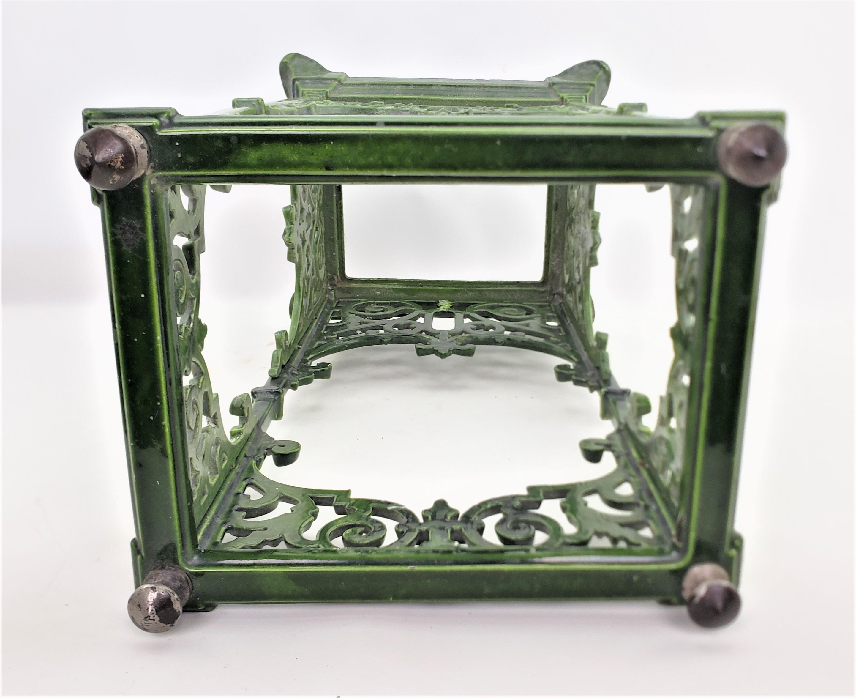 English Antique Green Enameled Cast Iron Cane or Umbrella Stand with Brass Accents For Sale