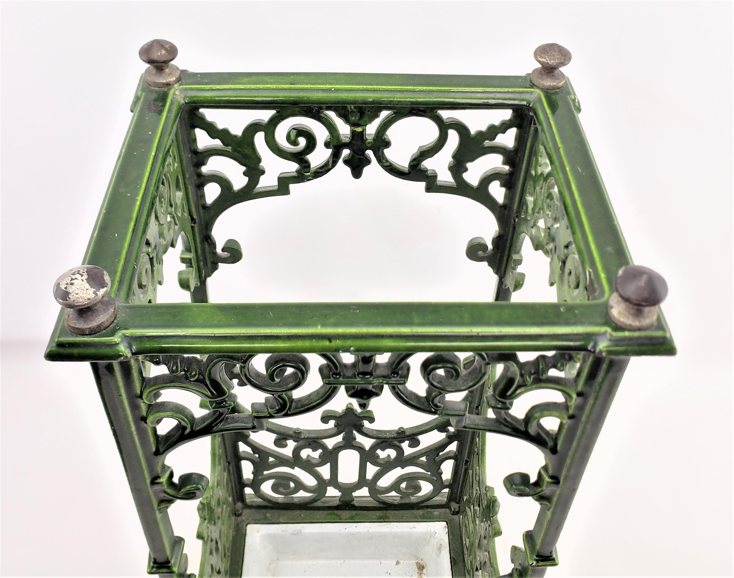 Antique Green Enameled Cast Iron Cane or Umbrella Stand with Brass Accents In Good Condition For Sale In Hamilton, Ontario