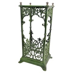 Antique Green Enameled Cast Iron Cane or Umbrella Stand with Brass Accents