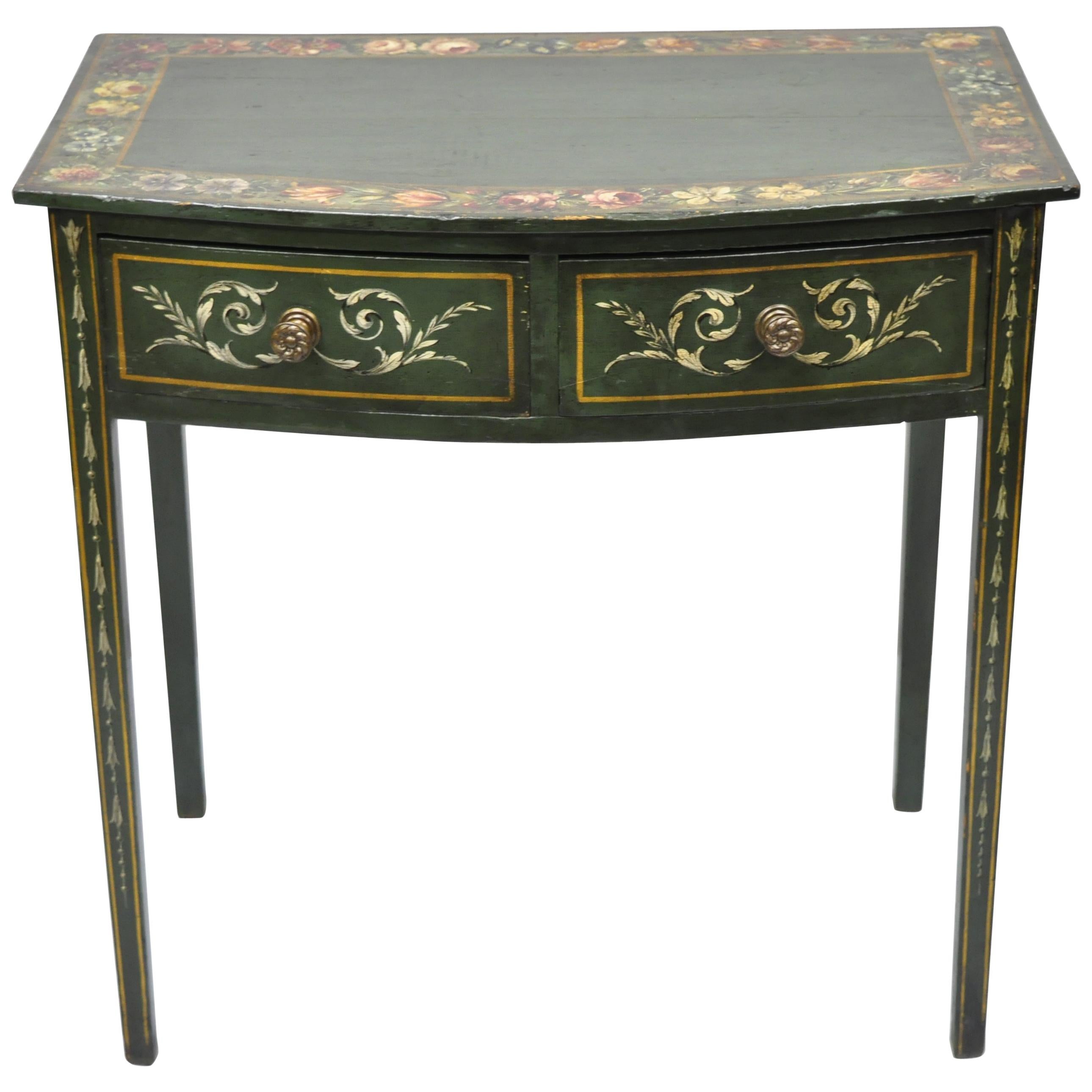 Antique Green Flower Painted Victorian 2-Drawer Demilune Hall Console Table