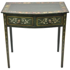 Antique Green Flower Painted Victorian 2-Drawer Demilune Hall Console Table