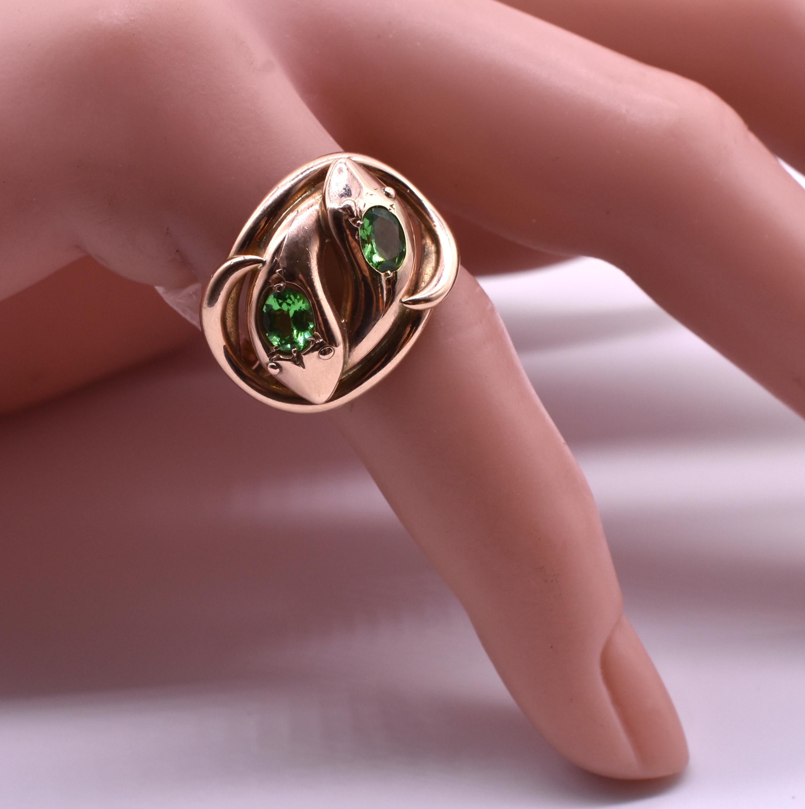 Women's or Men's Antique Green Garnet Double Snake Ring