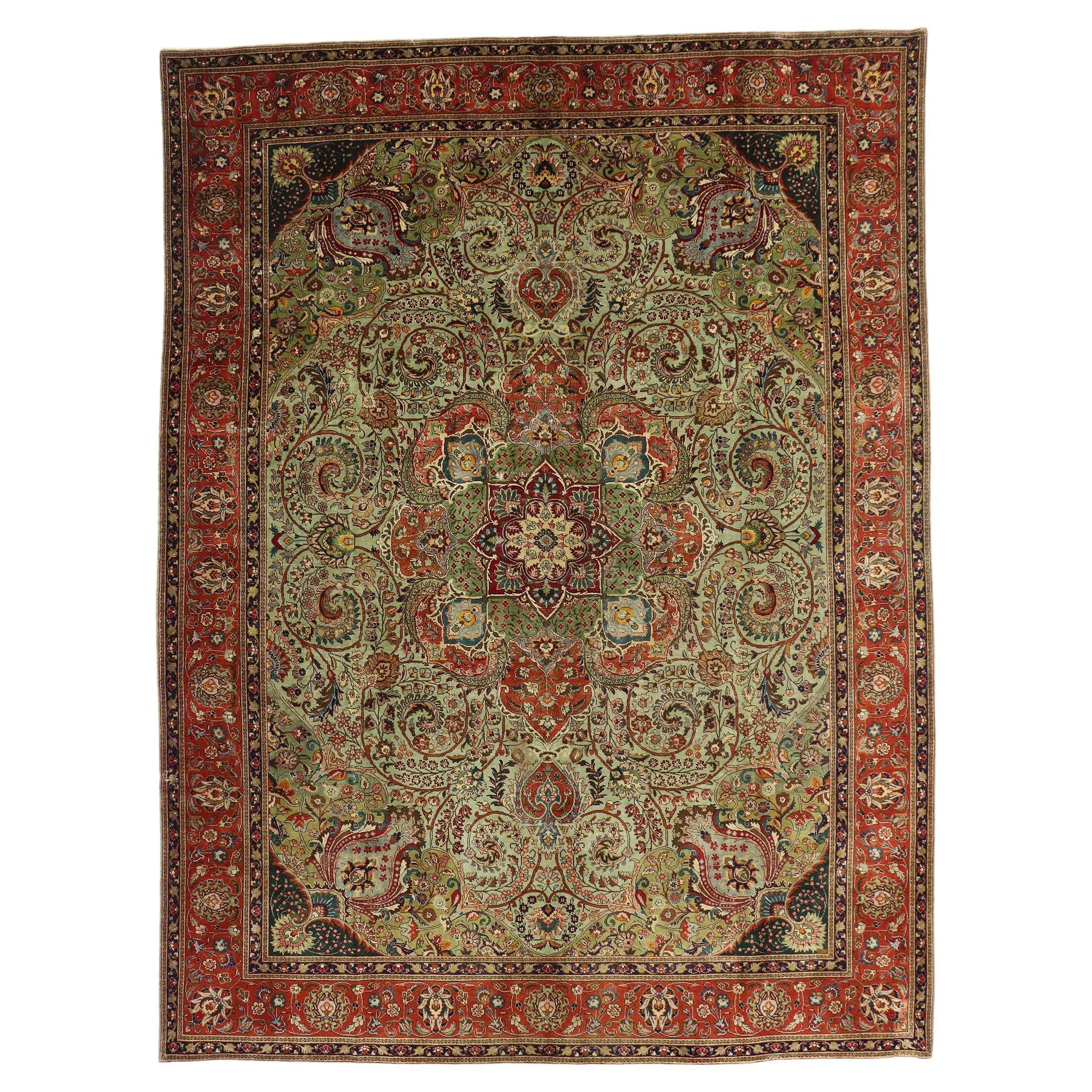 Antique Green Persian Tabriz Carpet with Traditional Style