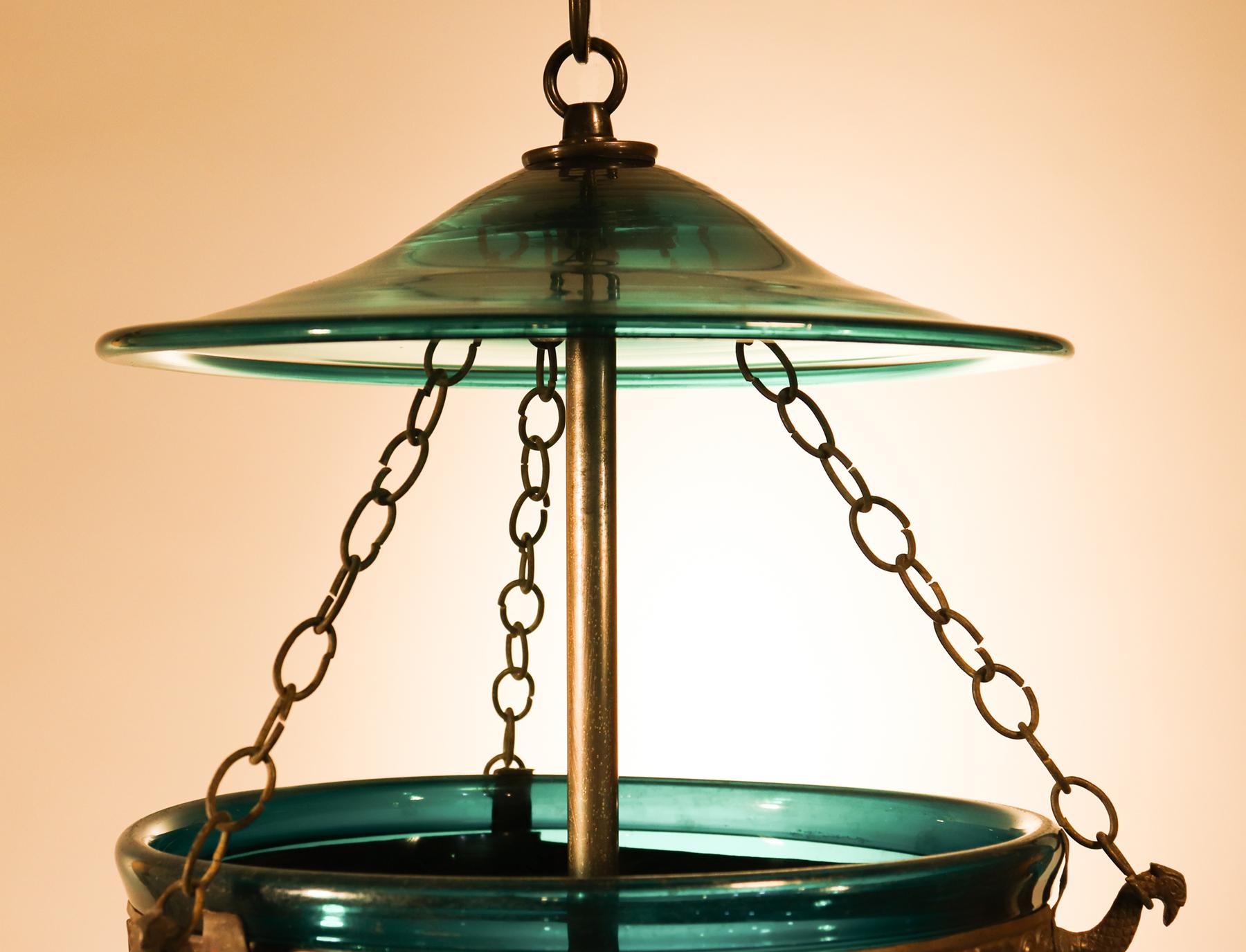 High Victorian Antique Green Glass Bell Jar Lantern