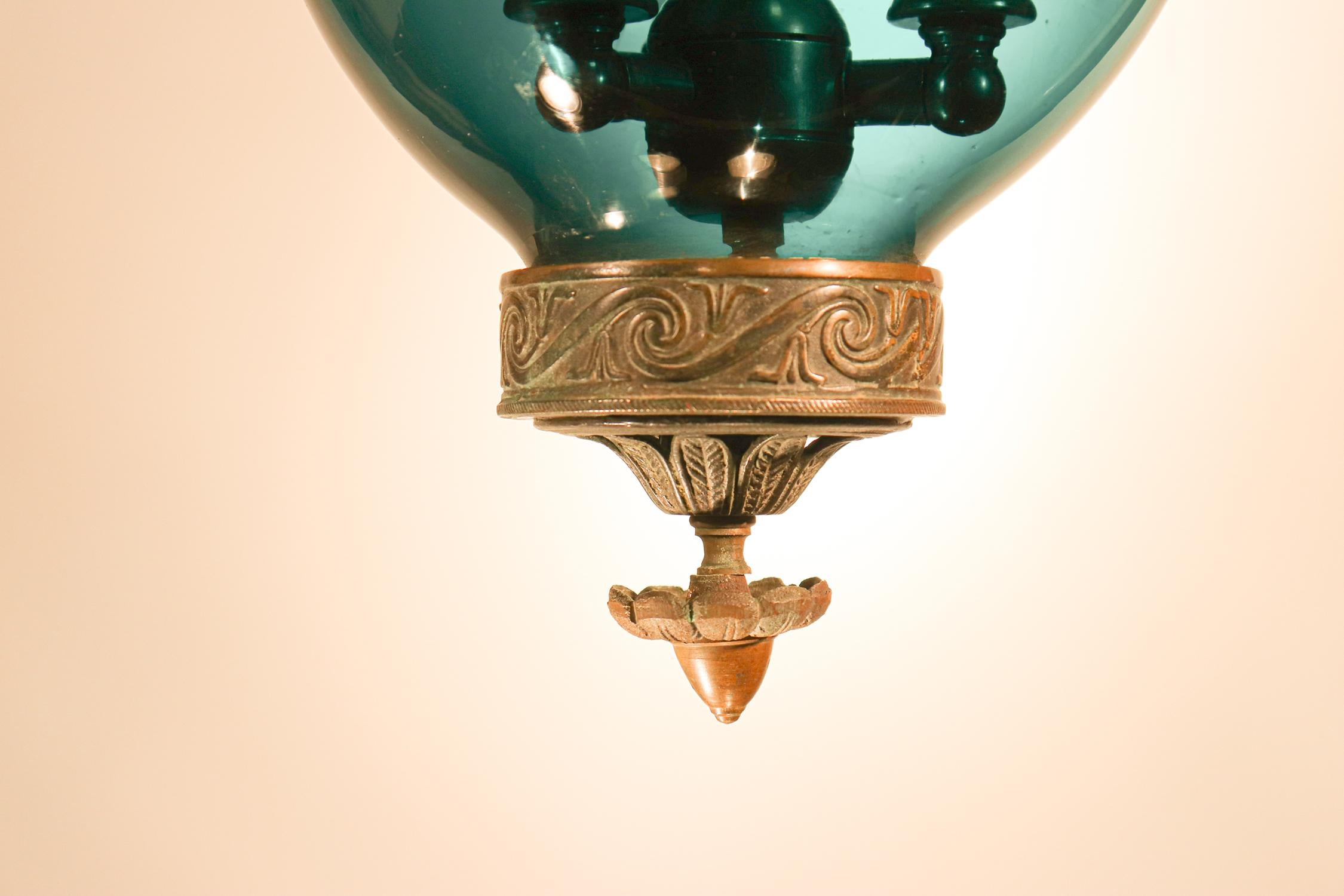English Antique Green Glass Bell Jar Lantern