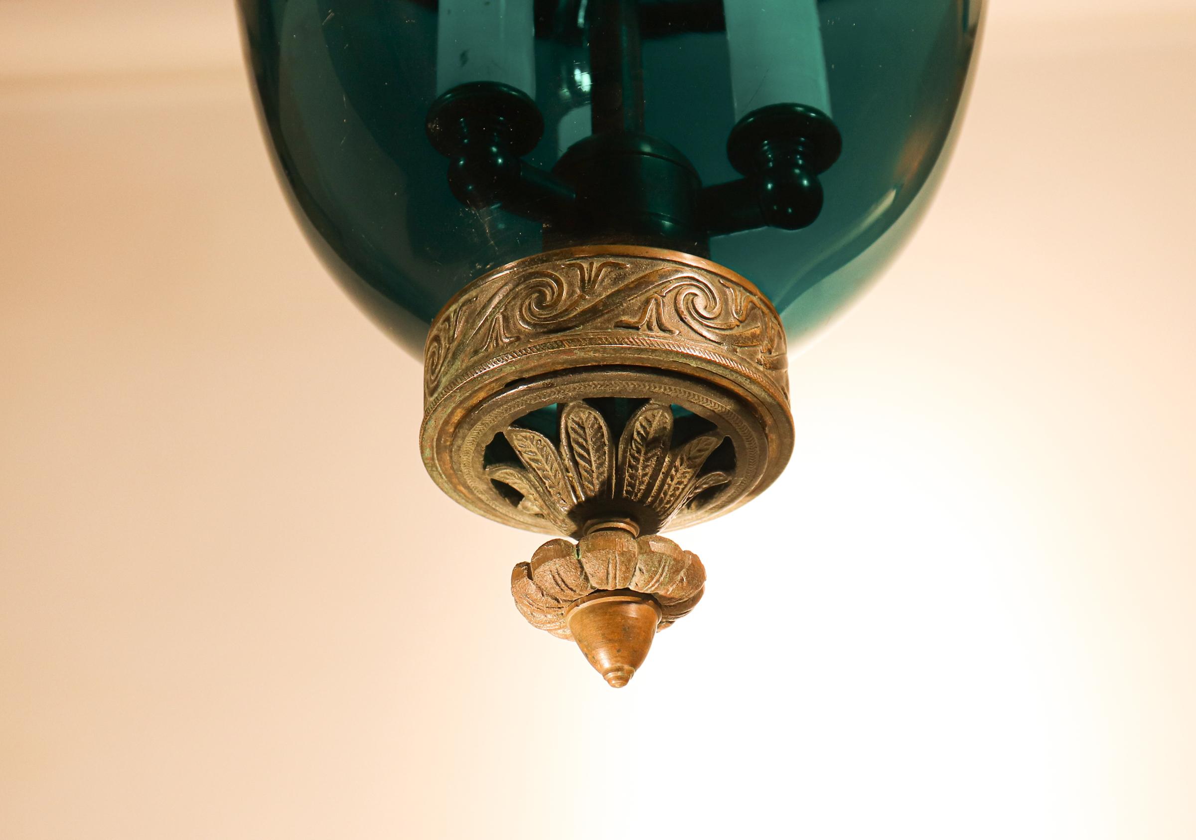 Antique Green Glass Bell Jar Lantern In Good Condition In Heath, MA