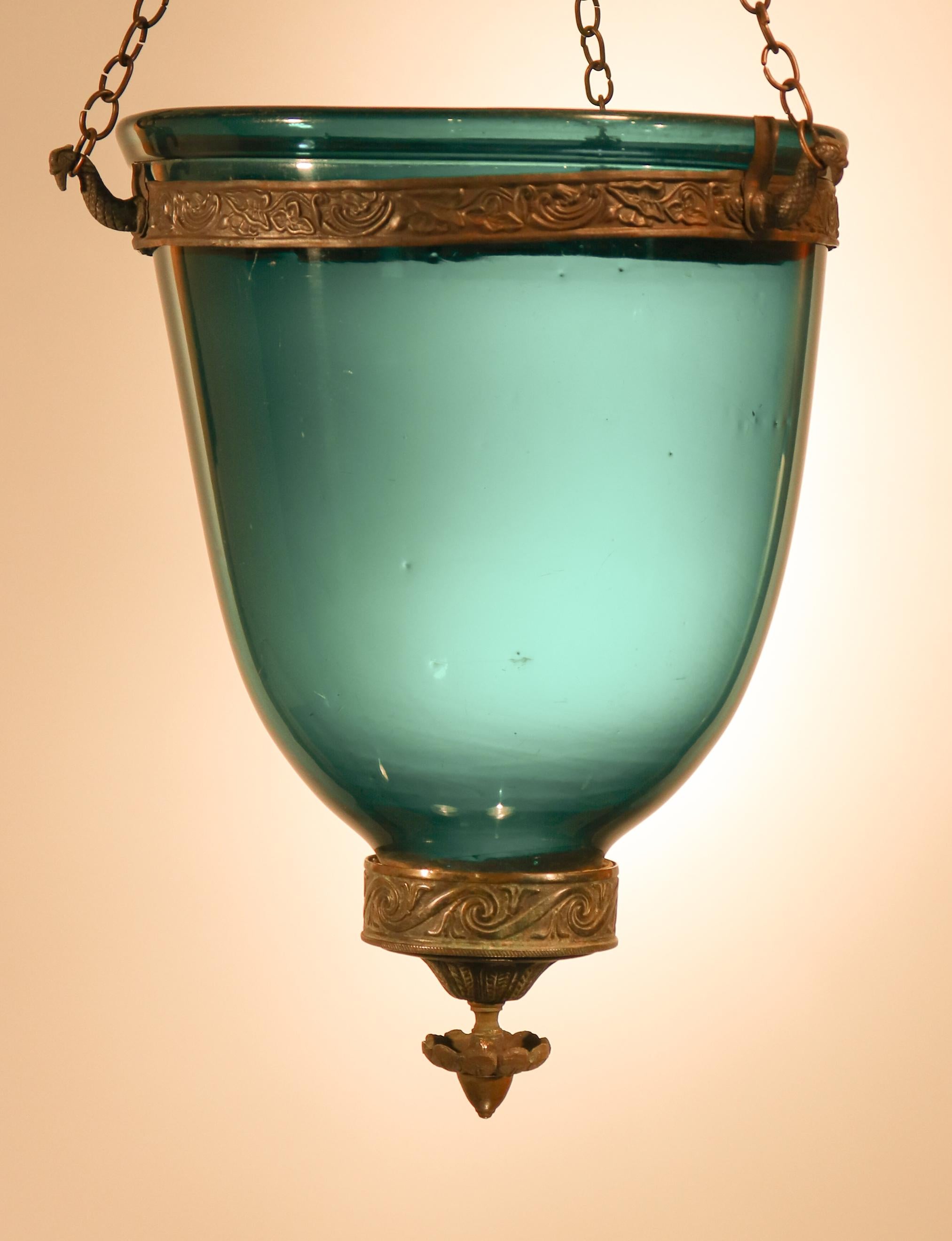 19th Century Antique Green Glass Bell Jar Lantern