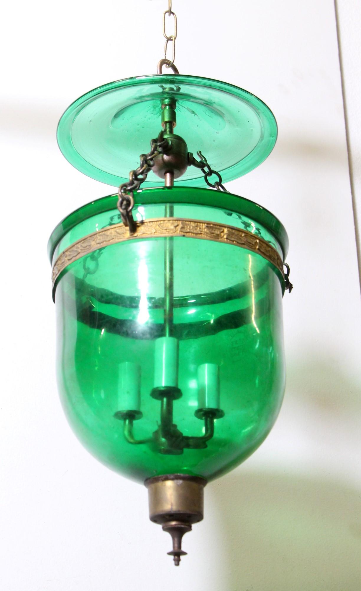 Belgian Antique Green Glass Bell Jar Light w/ Smoke Cover by Val Saint Lambert