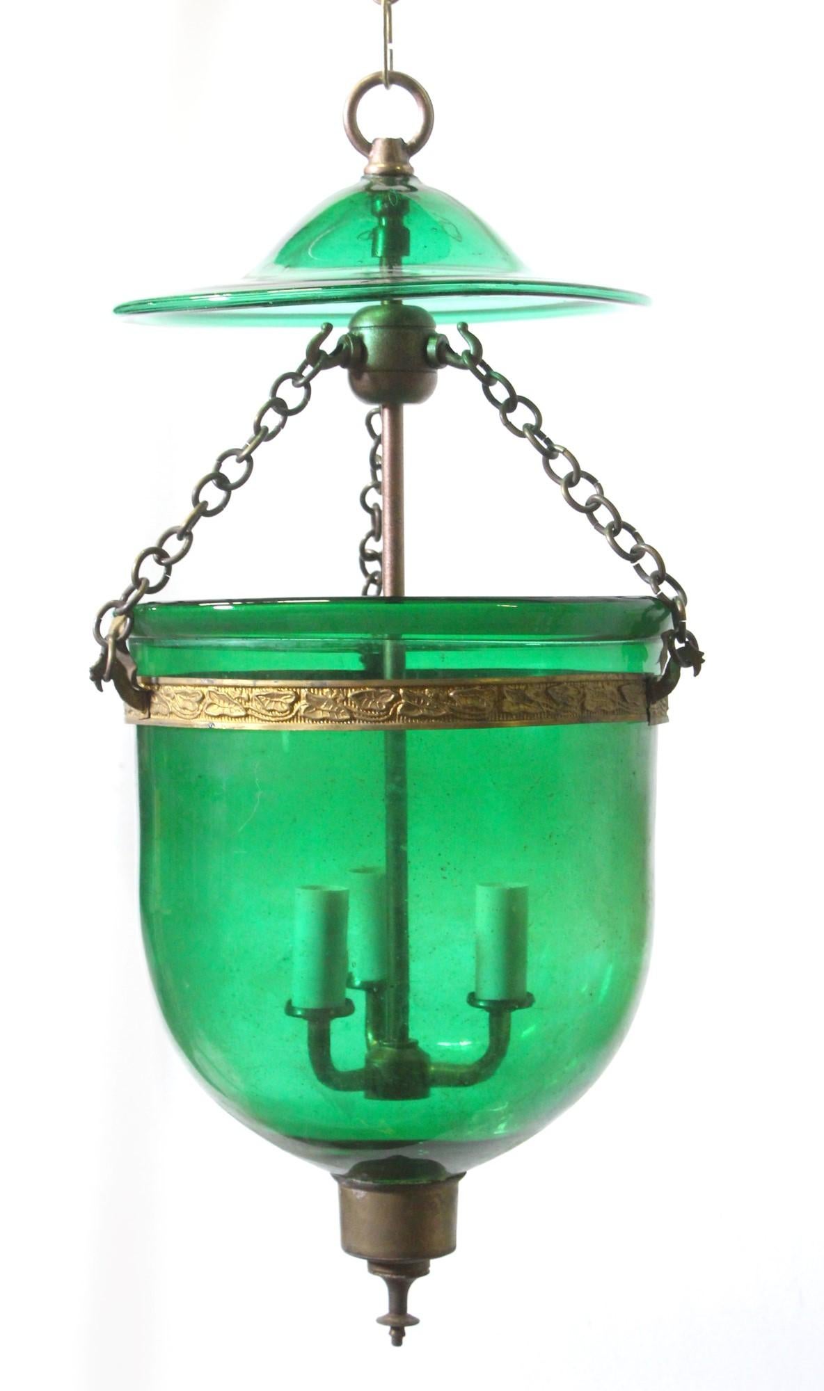 Antique Green Glass Bell Jar Light w/ Smoke Cover by Val Saint Lambert In Good Condition In New York, NY