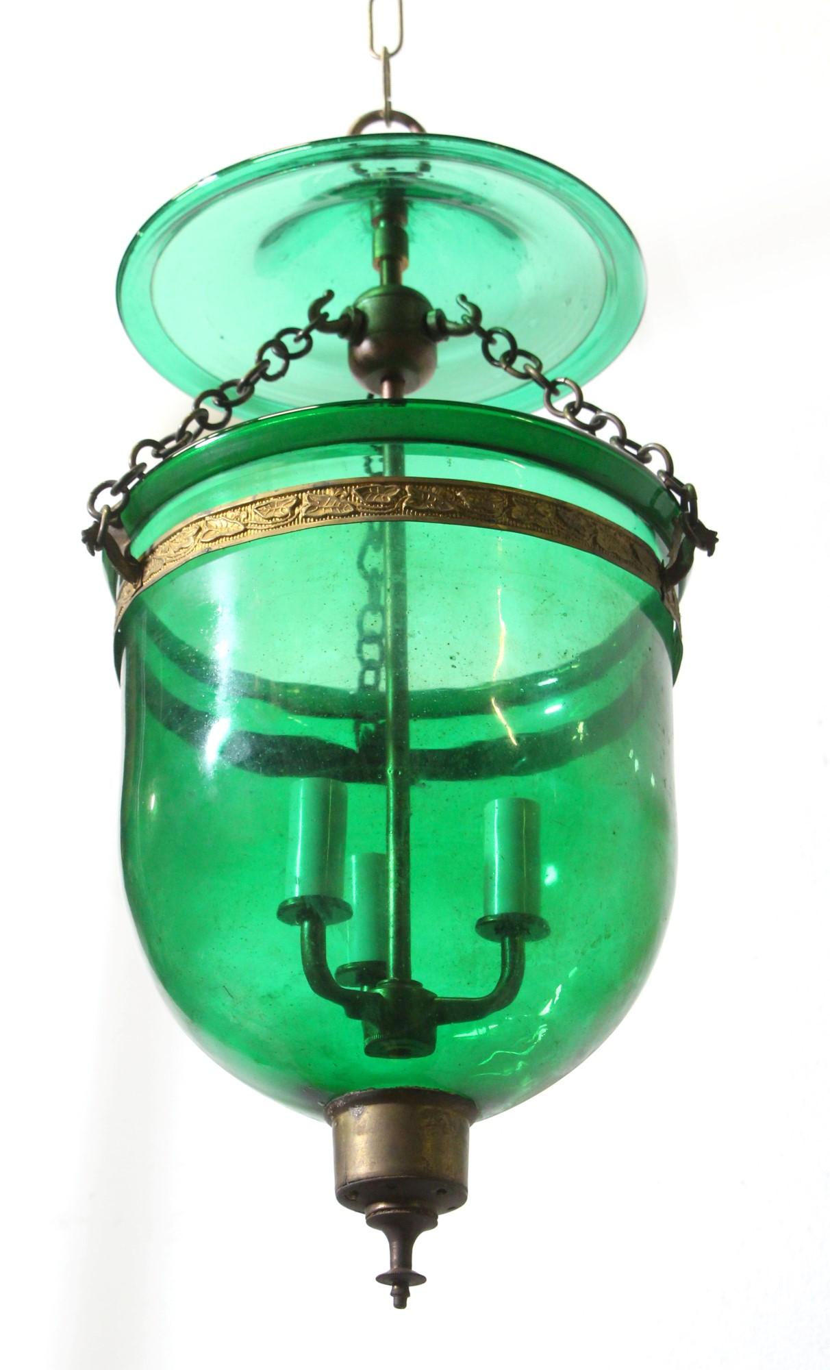 20th Century Antique Green Glass Bell Jar Light w/ Smoke Cover by Val Saint Lambert
