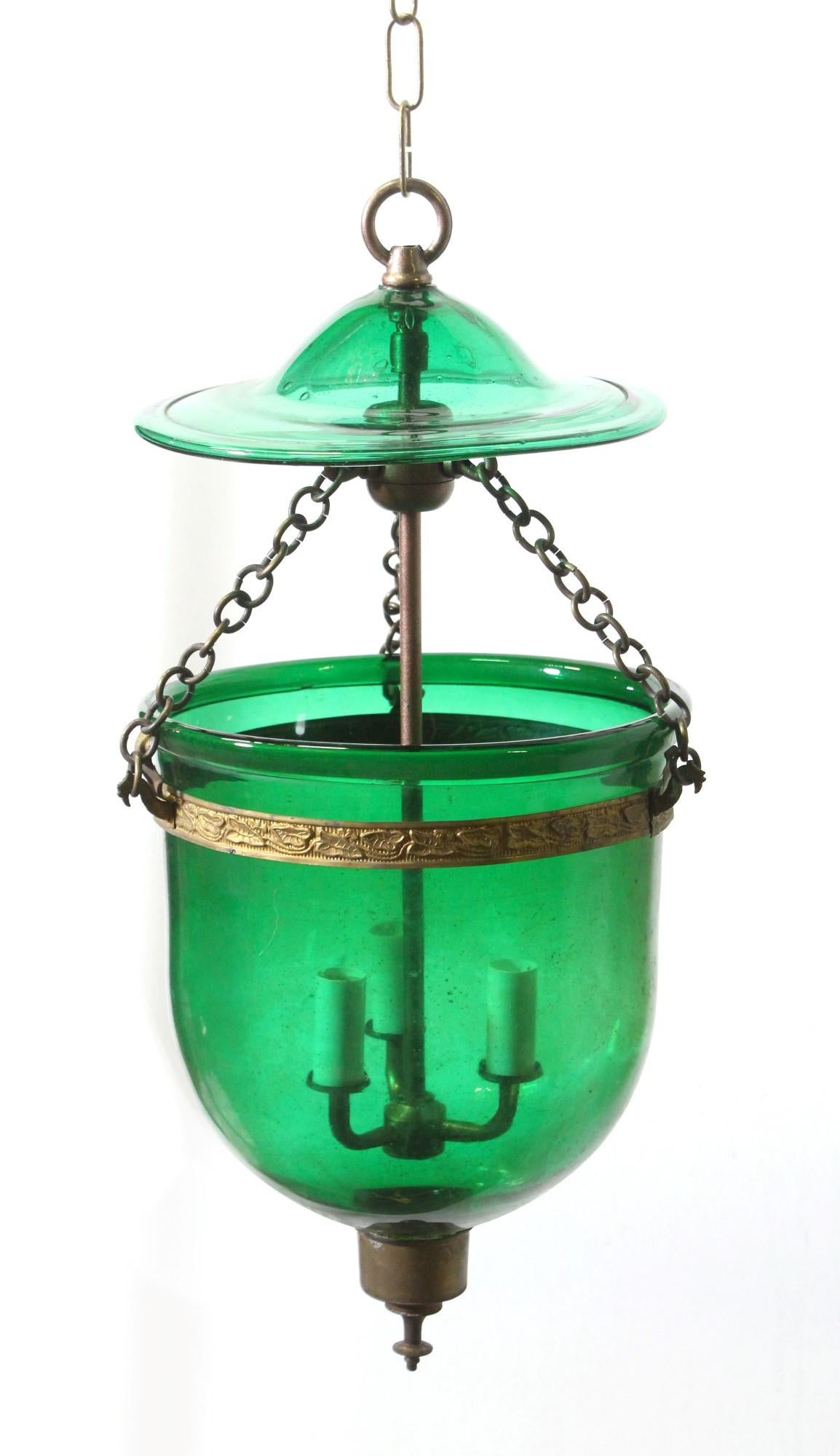 Brass Antique Green Glass Bell Jar Light w/ Smoke Cover by Val Saint Lambert