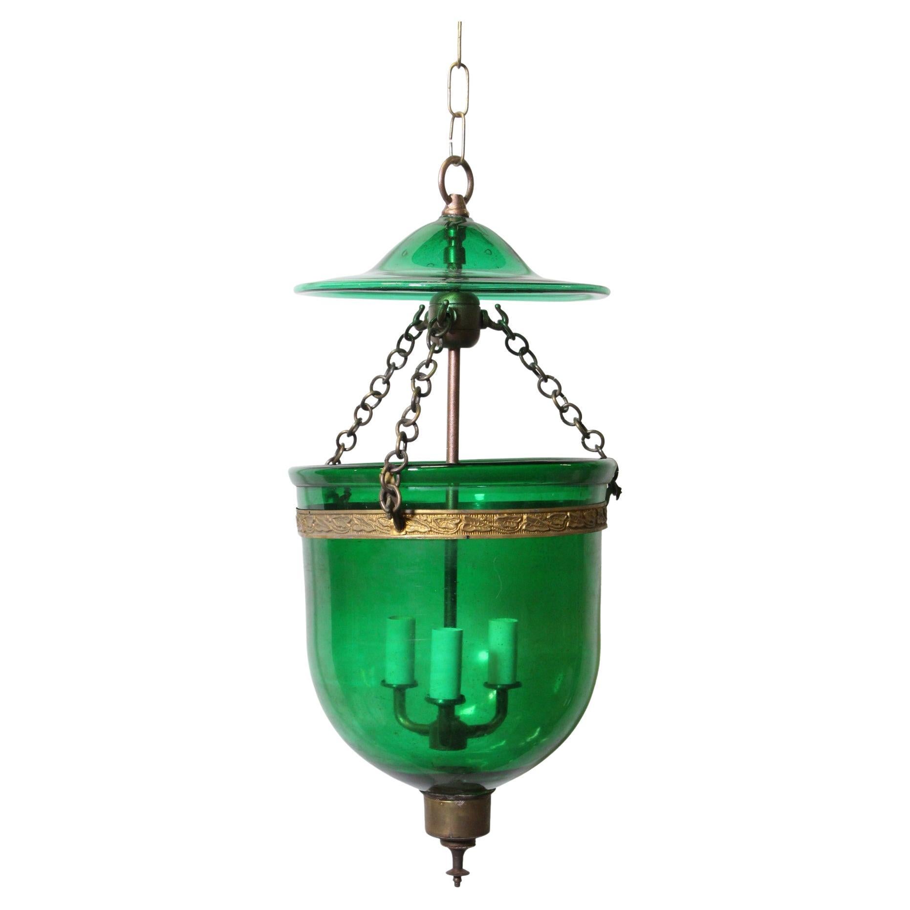 Antique Green Glass Bell Jar Light w/ Smoke Cover by Val Saint Lambert