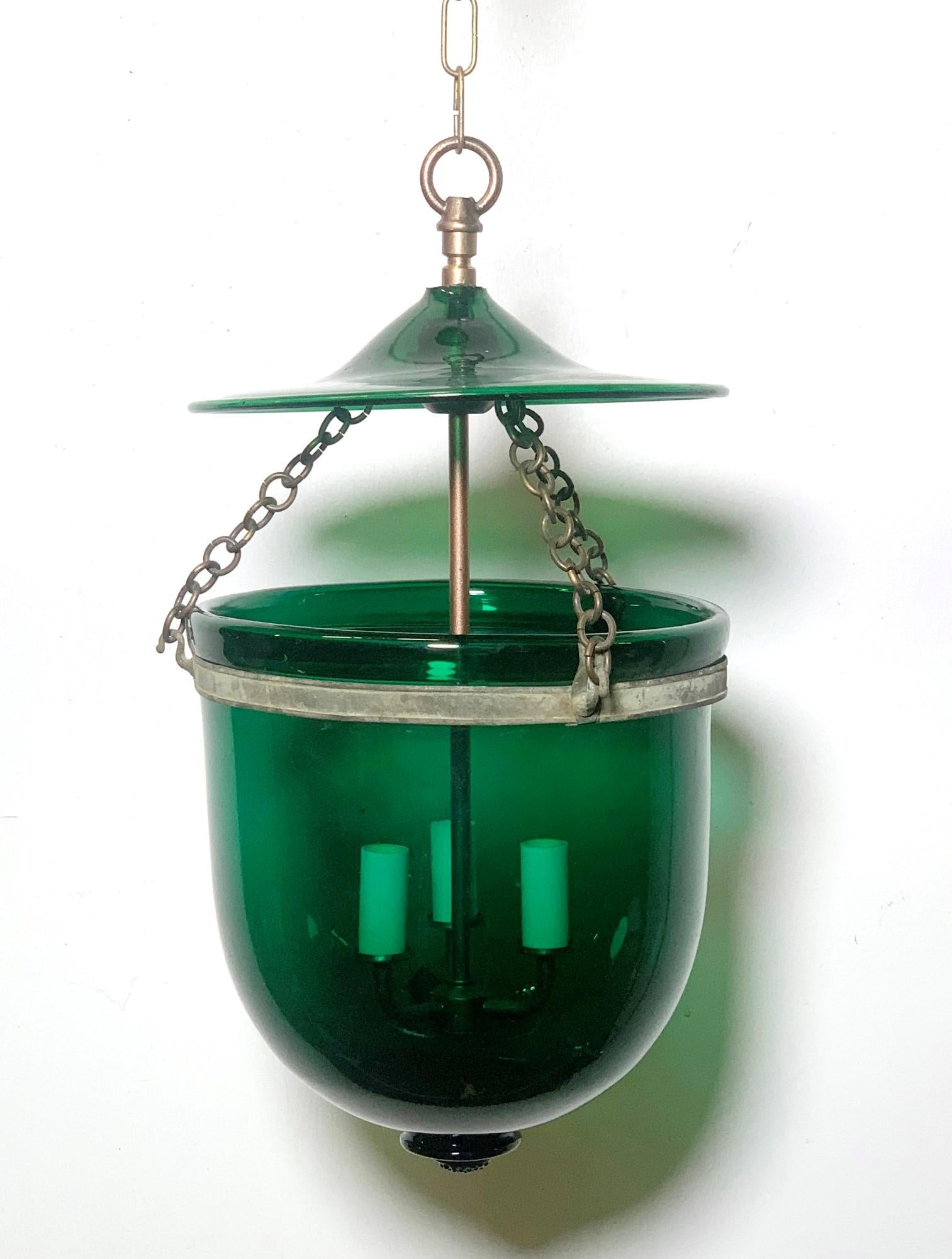 European Antique Green Glass Bell Jar Pendant Light w Lid and Brass Hardware