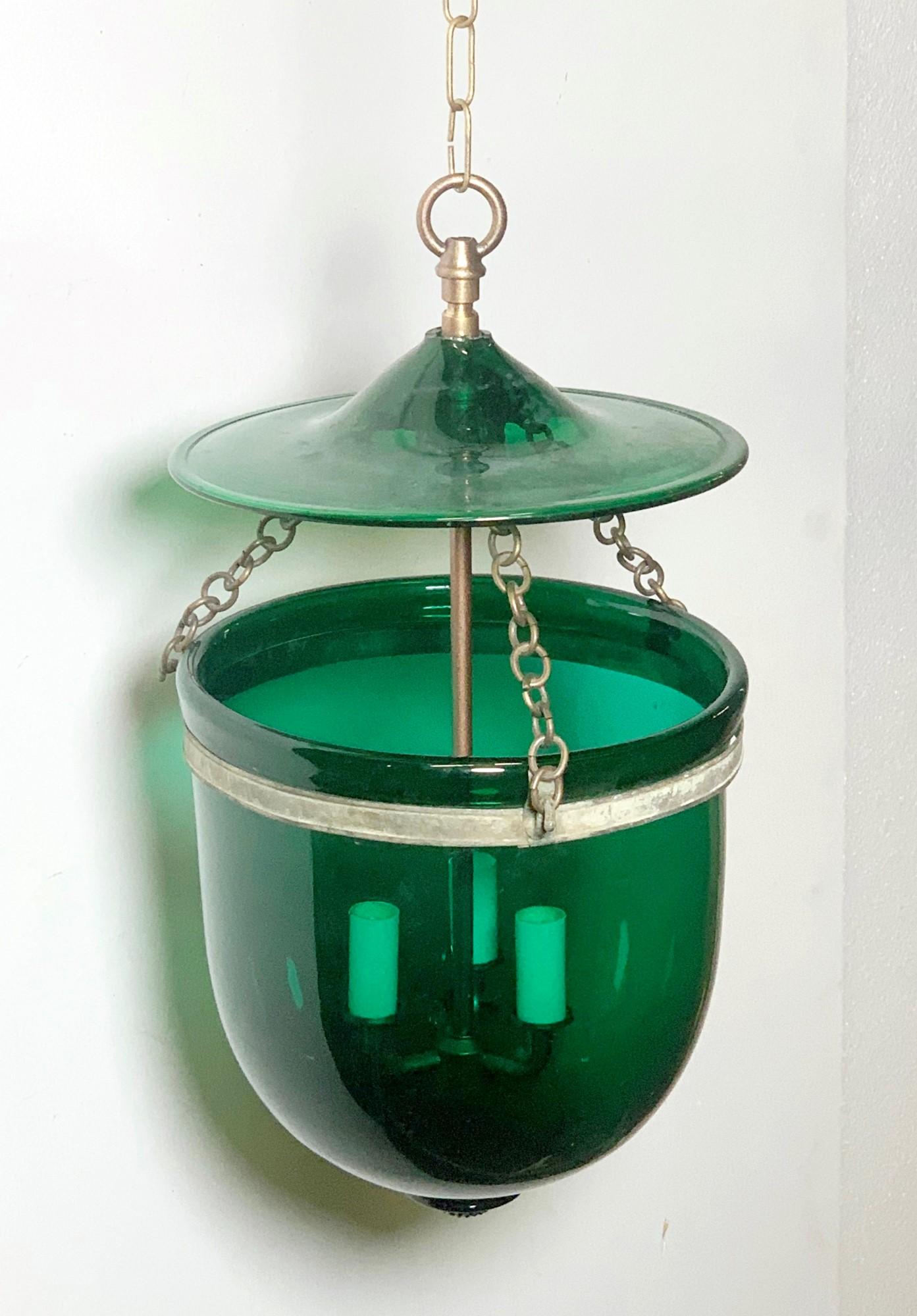 Antique Green Glass Bell Jar Pendant Light w Lid and Brass Hardware In Good Condition In New York, NY