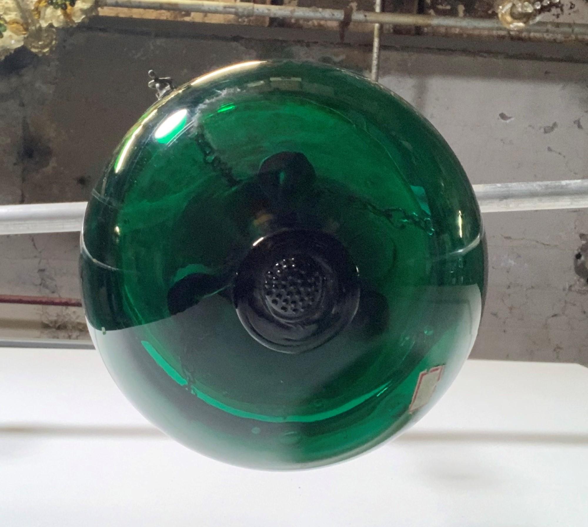 Antique Green Glass Bell Jar Pendant Light w Lid and Brass Hardware 1