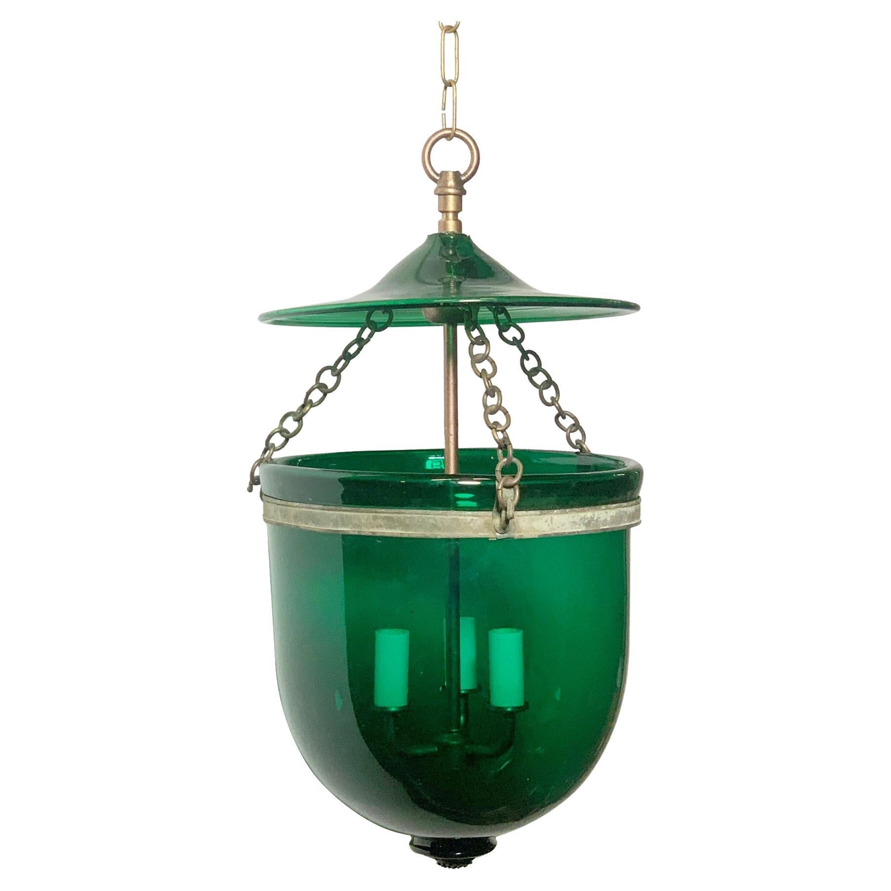 Antique Green Glass Bell Jar Pendant Light w Lid and Brass Hardware