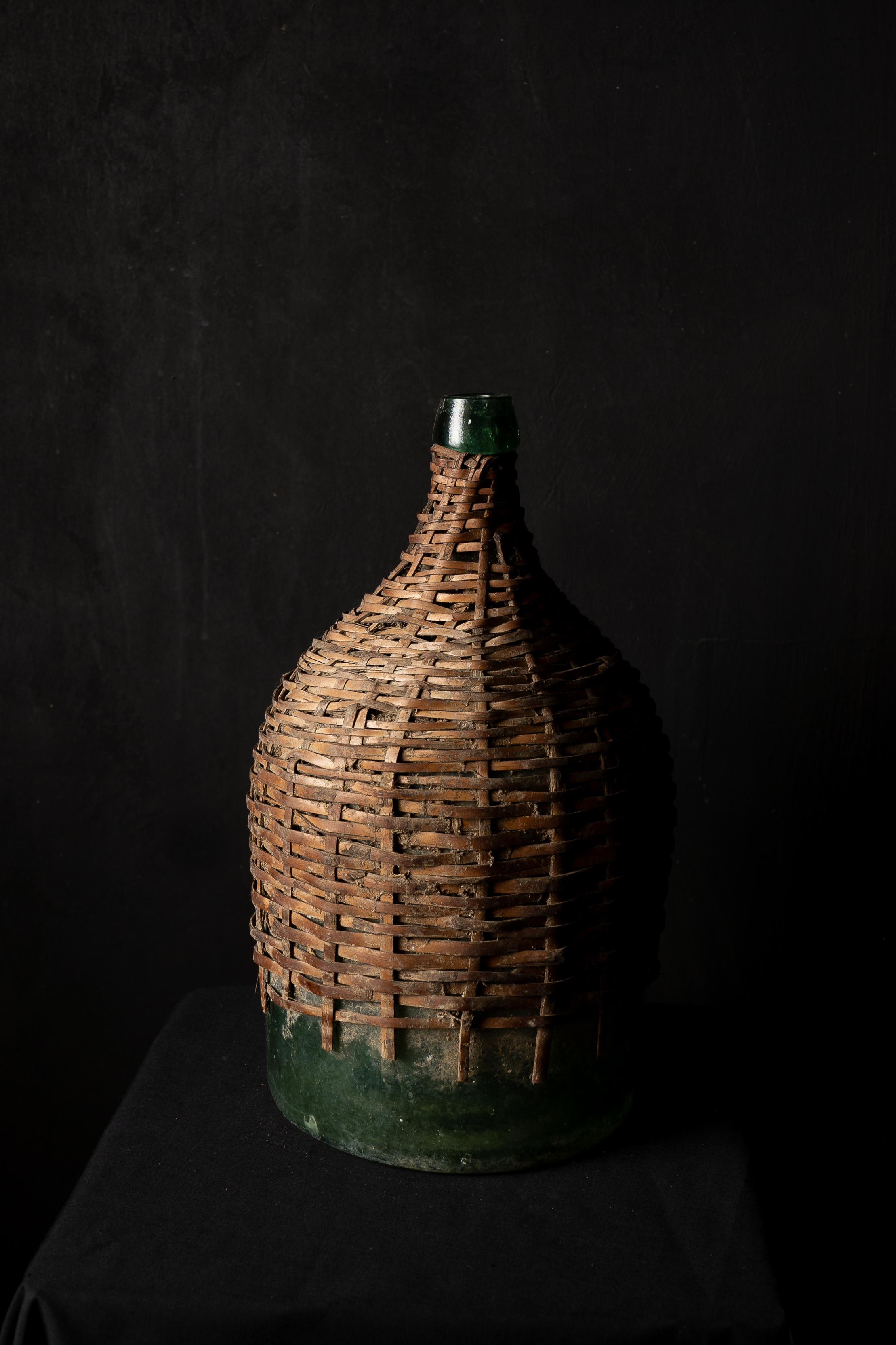 Antique Green Glass Carboy with Wicker Cover For Sale 3