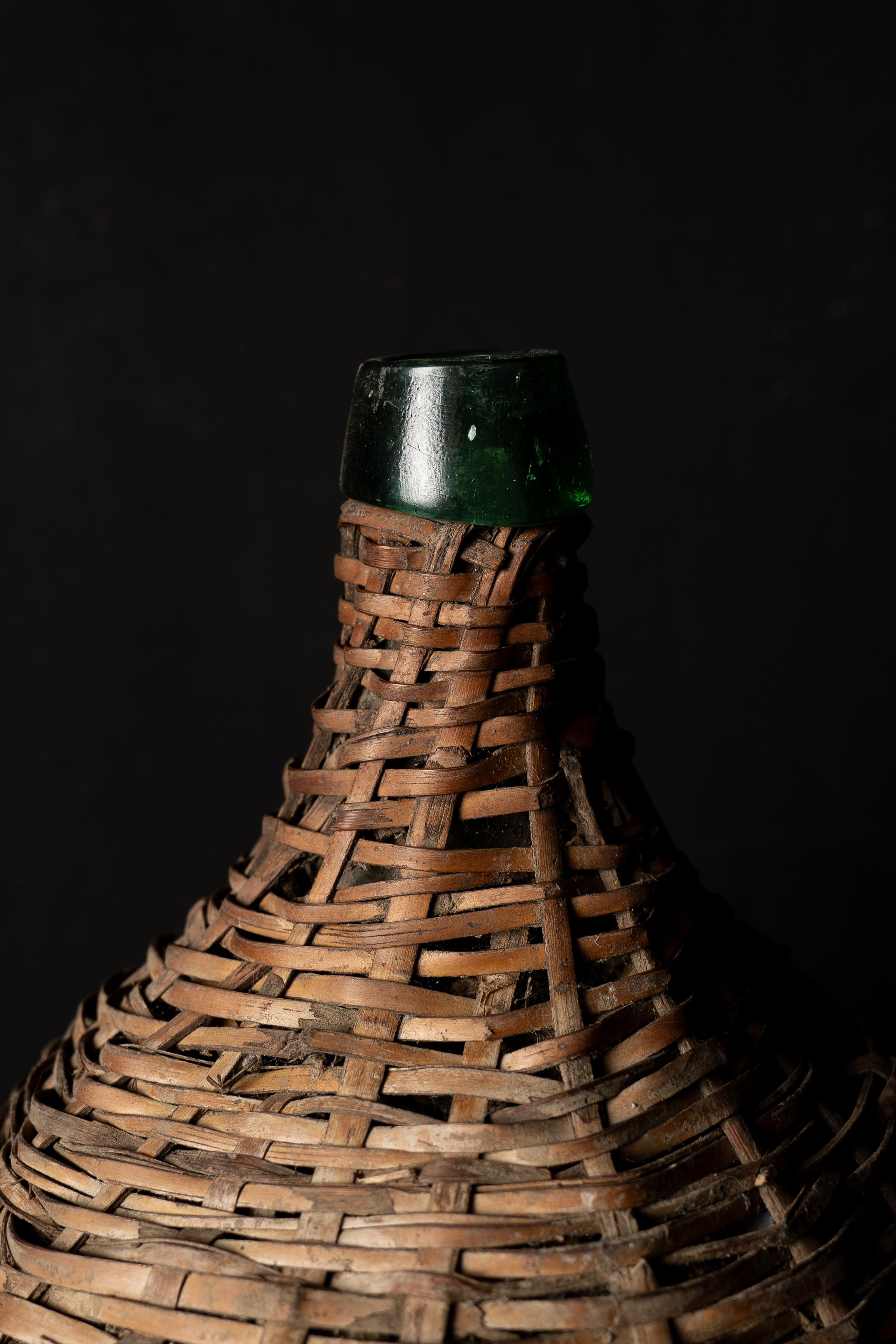 Antique Green Glass Carboy with Wicker Cover For Sale 4