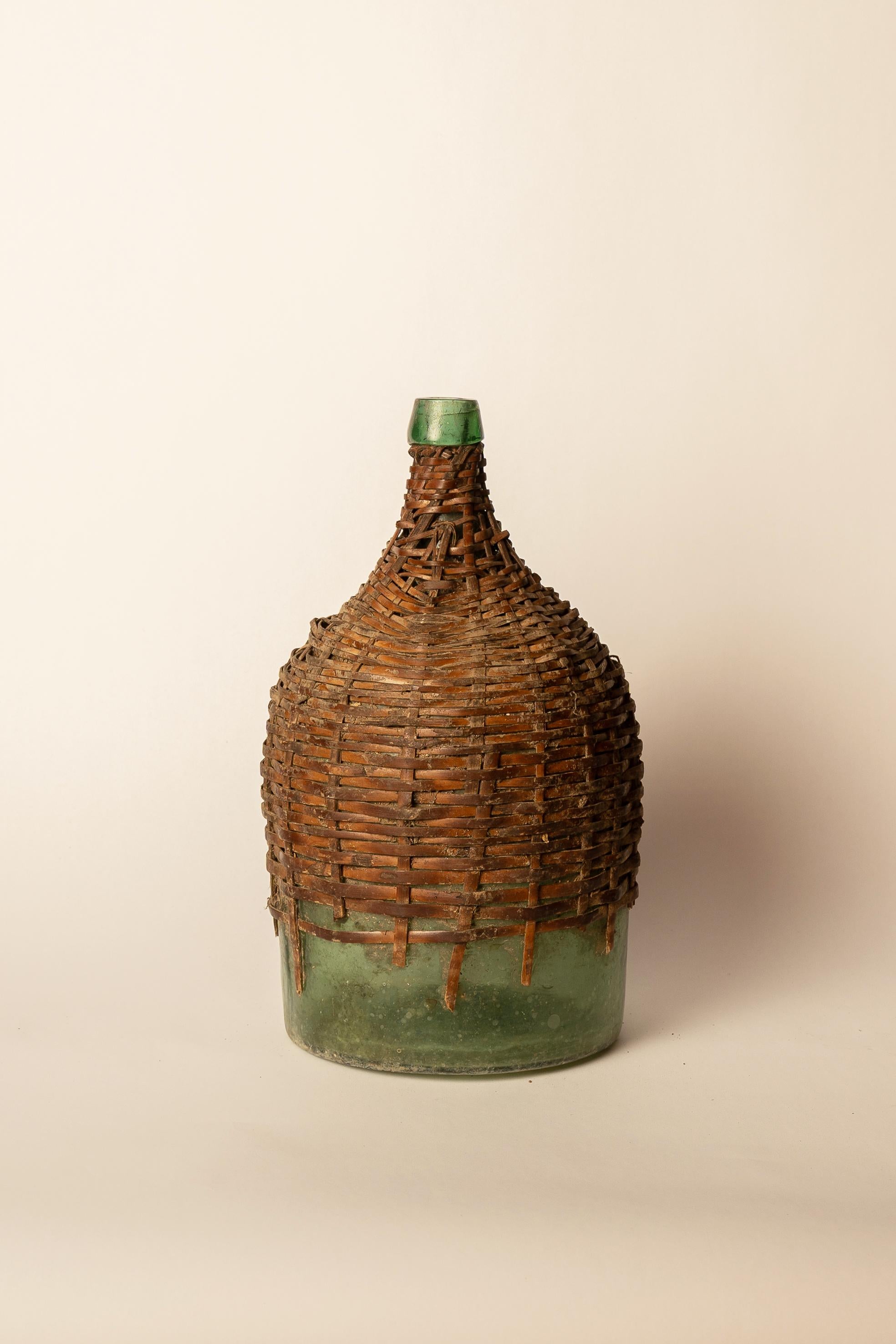 Mexican Antique Green Glass Carboy with Wicker Cover For Sale