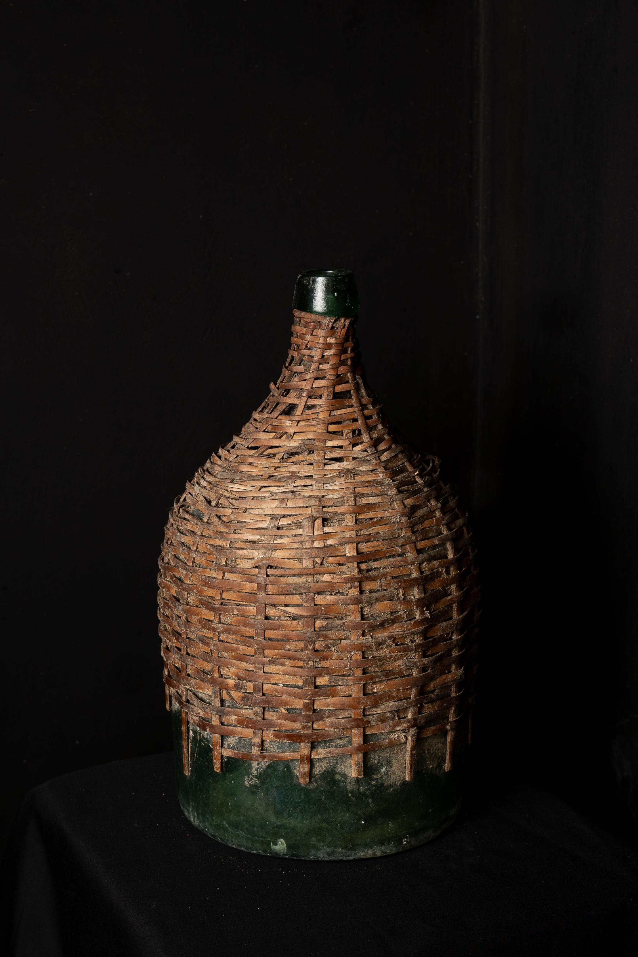 Antique Green Glass Carboy with Wicker Cover For Sale 2