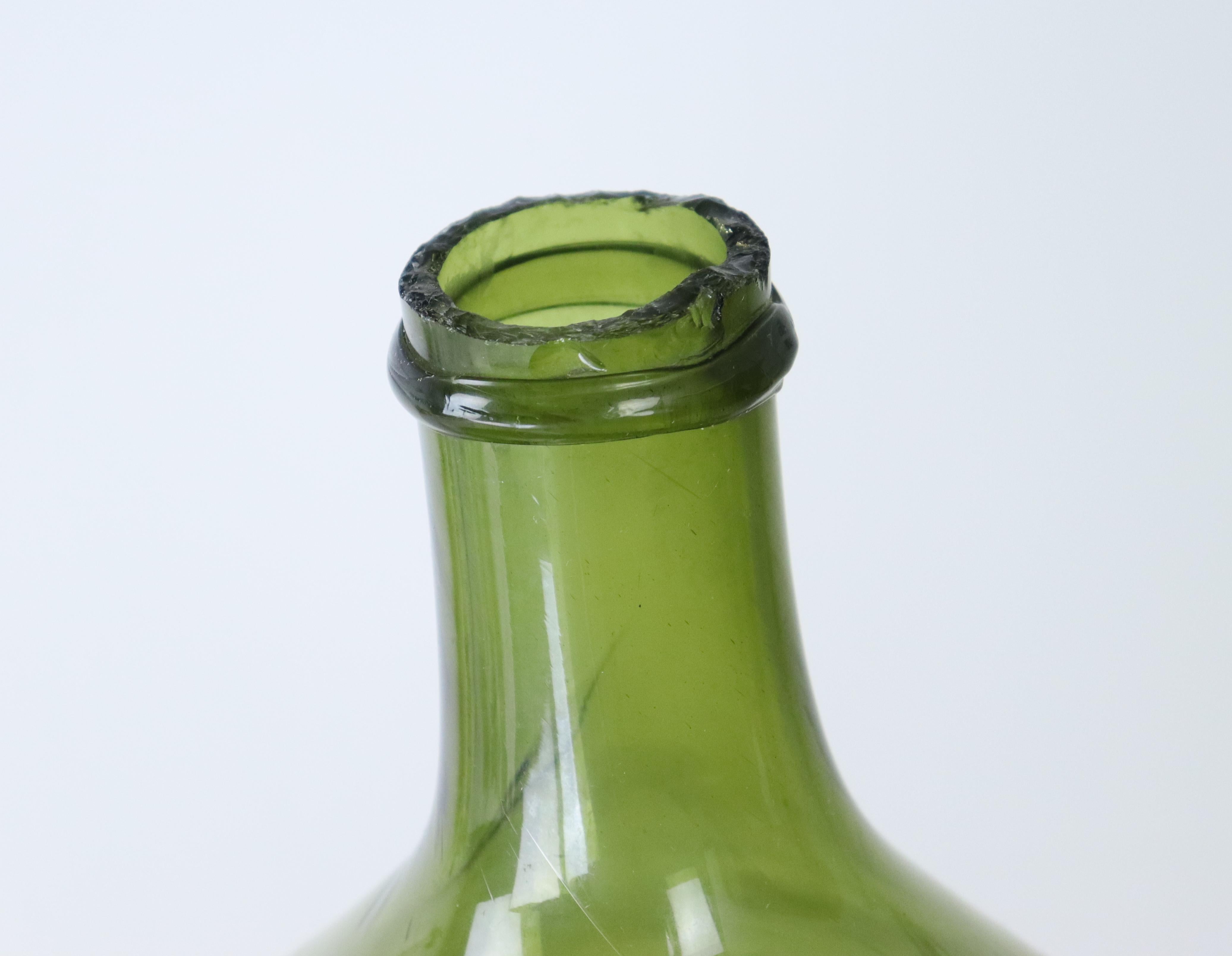 French Antique Green Glass Demijohn Bottle -D For Sale