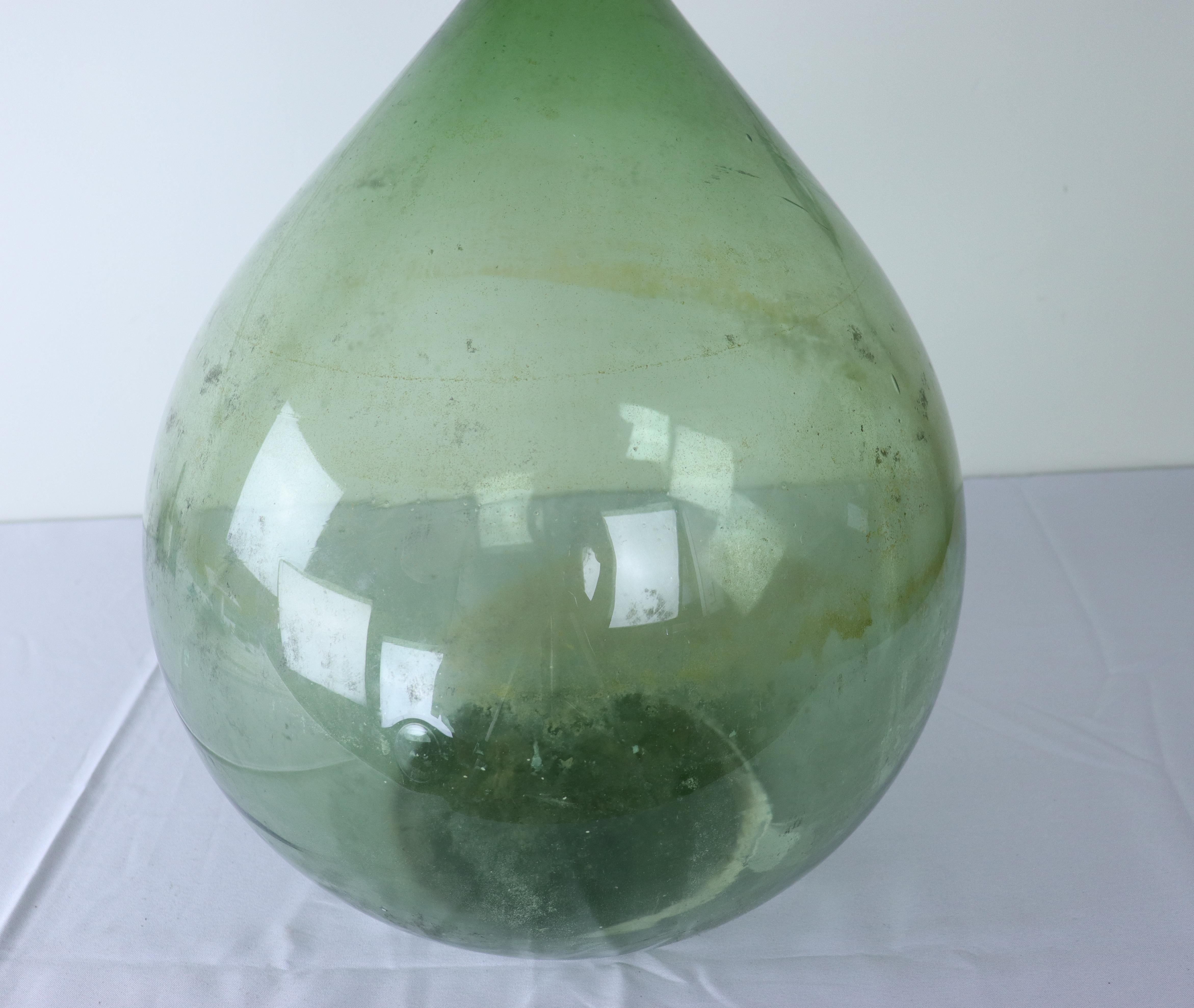 French Antique Green Glass Demijohn Bottle-C For Sale