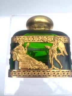 Antique Green Glass Inkwell with Ormolu Mounts, French Empire Style
