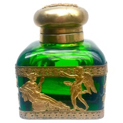 Antique Green Glass Inkwell with Ormolu Mounts, French Empire Style
