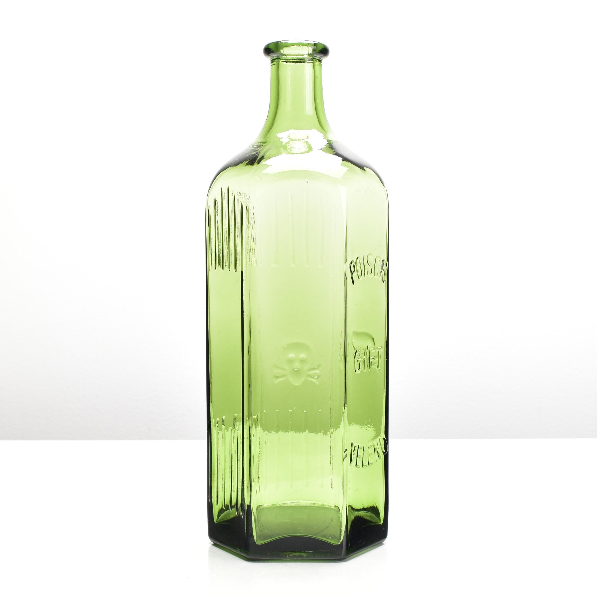 Industrial Antique Green Glass Poison Bottle Jar Skull Crossbones Apothecary Chemist For Sale