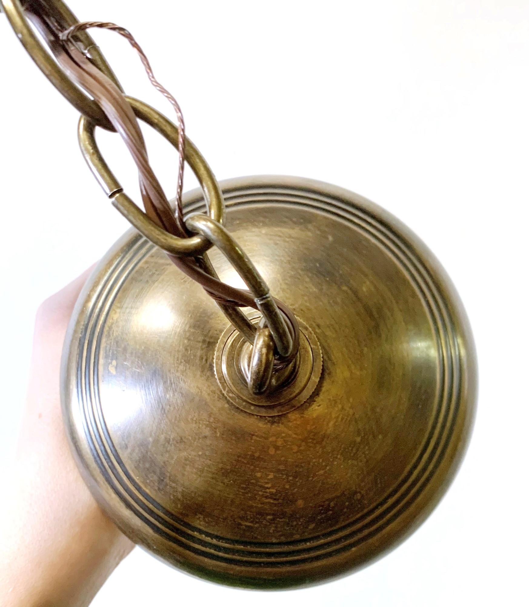 Antique Green Glass Pumpkin Bell Jar Pendant Light Brass Hardware with 3 Lights 6