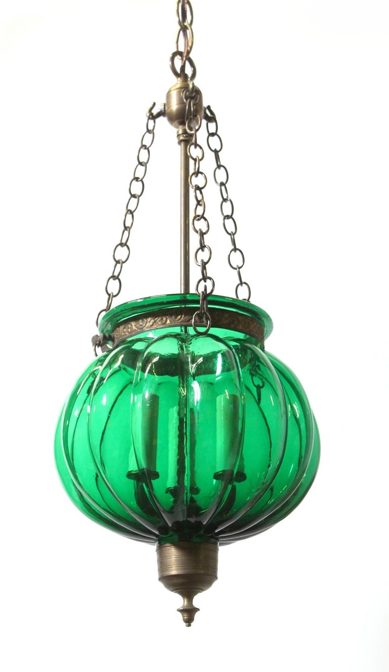 Antique Green Glass Pumpkin Bell Jar Pendant Light Brass Hardware with
