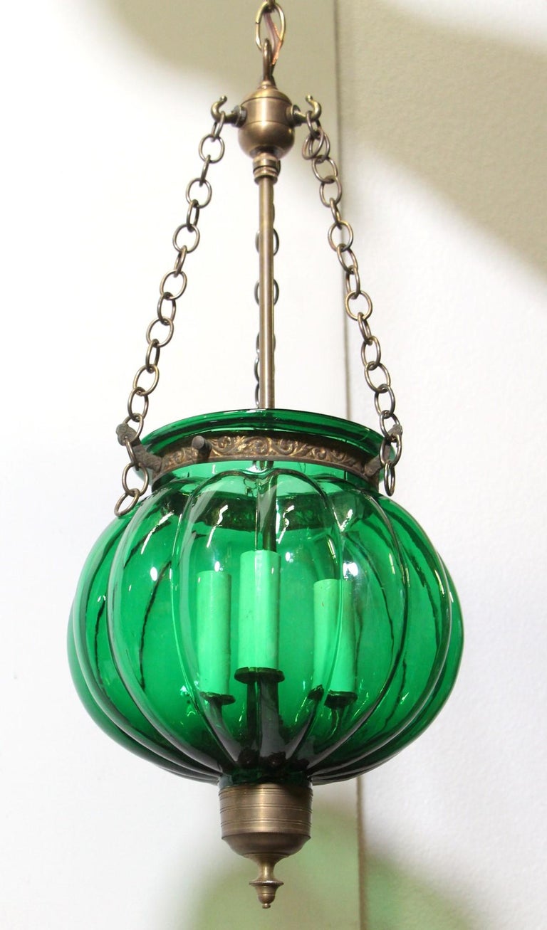 Antique Green Glass Pumpkin Bell Jar Pendant Light Brass Hardware with