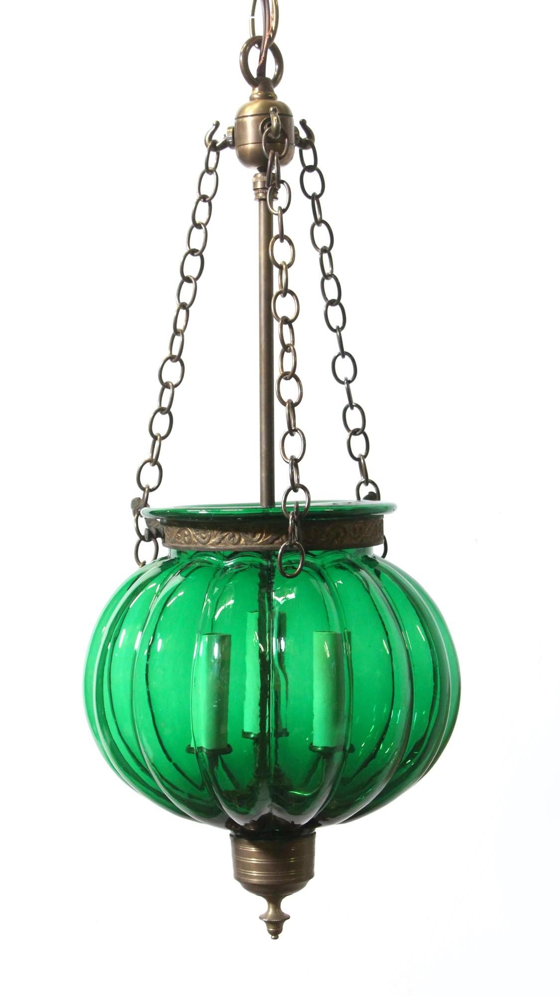 Antique Green Glass Pumpkin Bell Jar Pendant Light Brass Hardware with 3 Lights In Good Condition In New York, NY